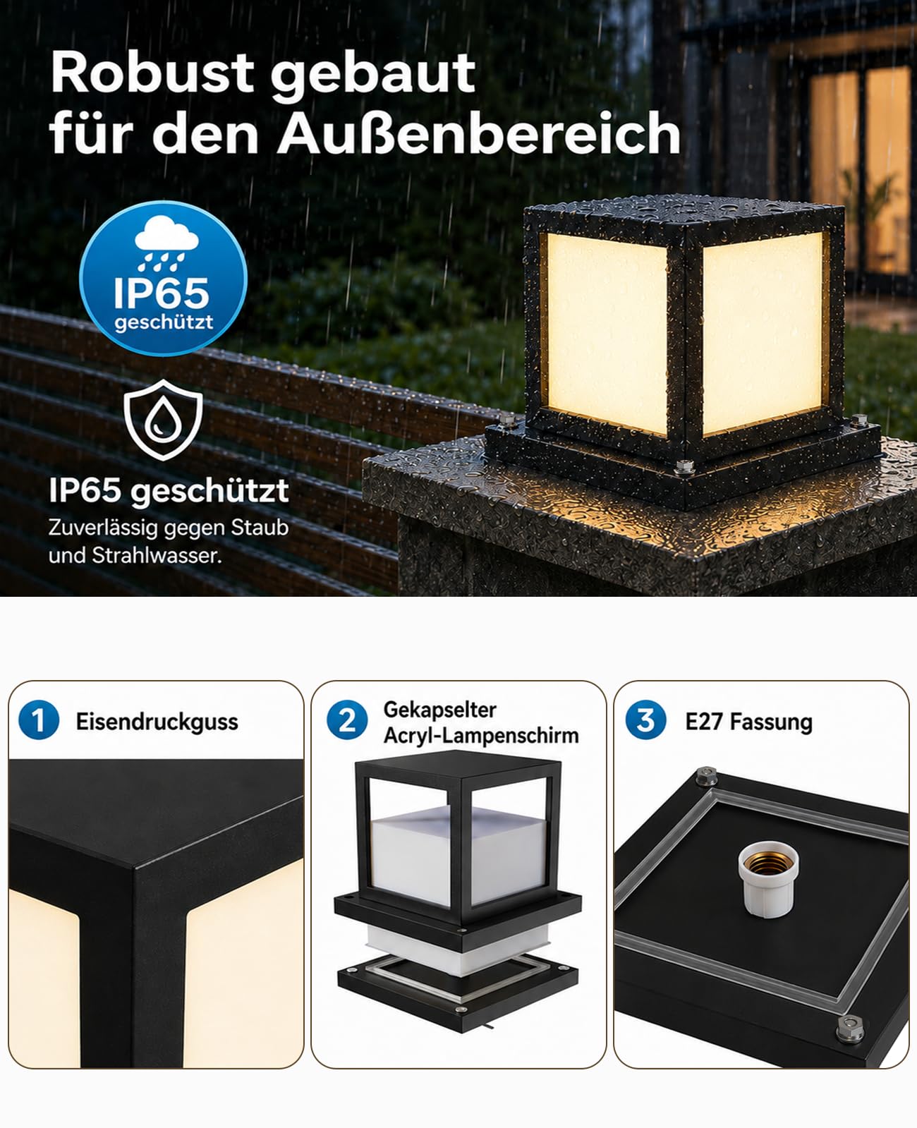 Sockelleuchte Außen 15W LED IP65 Metall E27 Gartenlampe 3 Farbtemperaturen 3000K/4000K/6000K Wegeleuchte Schwarz