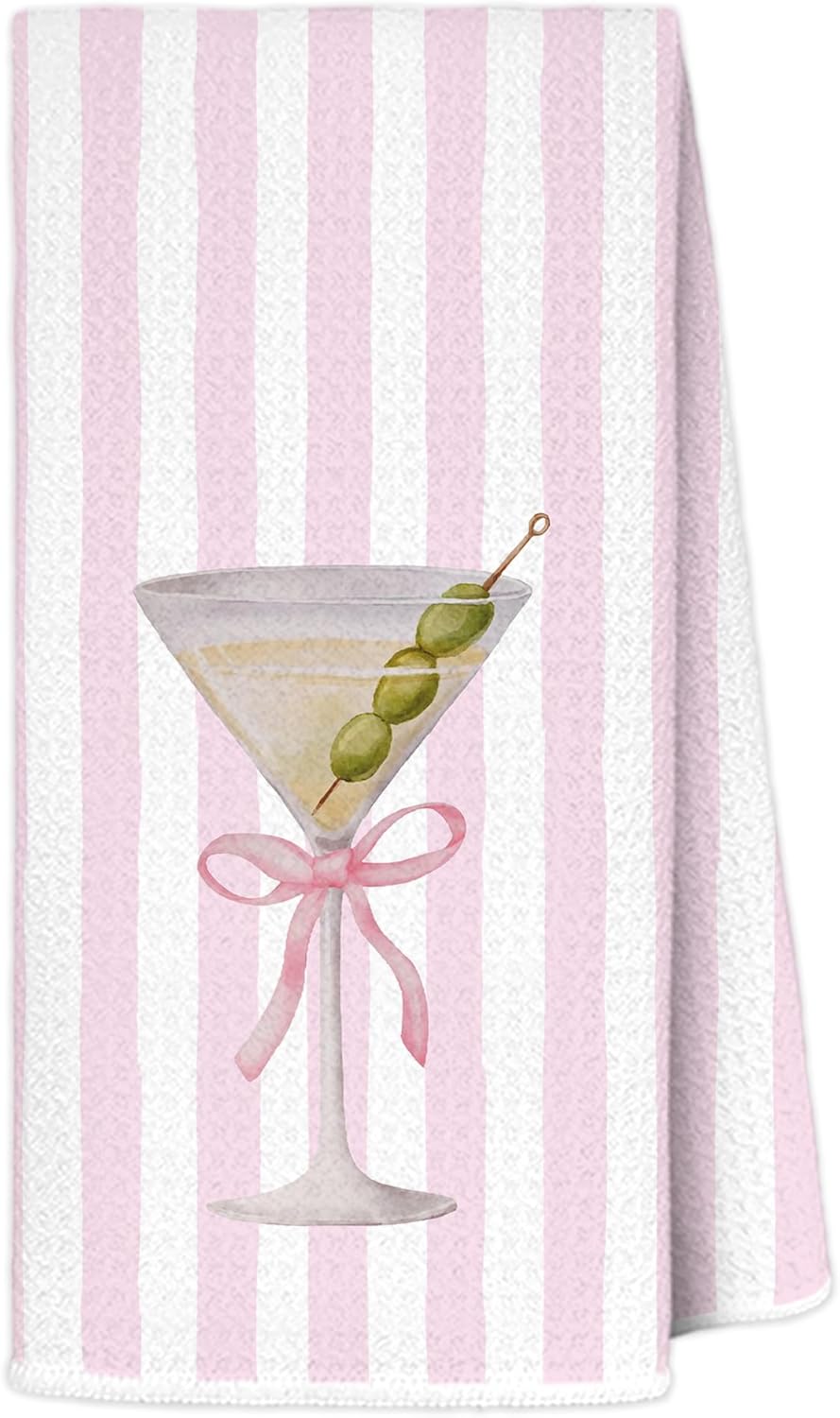 Coquette Pink Bow Dirty Martini Kitchen Towels, Dirty Martini Gifts, Bar Towels, Preppy Girly Pink Striped Cocktail Dish Hand Tea Towel for Bar Kitchen, Gifts for Cocktail Lovers, 16x24 Inch