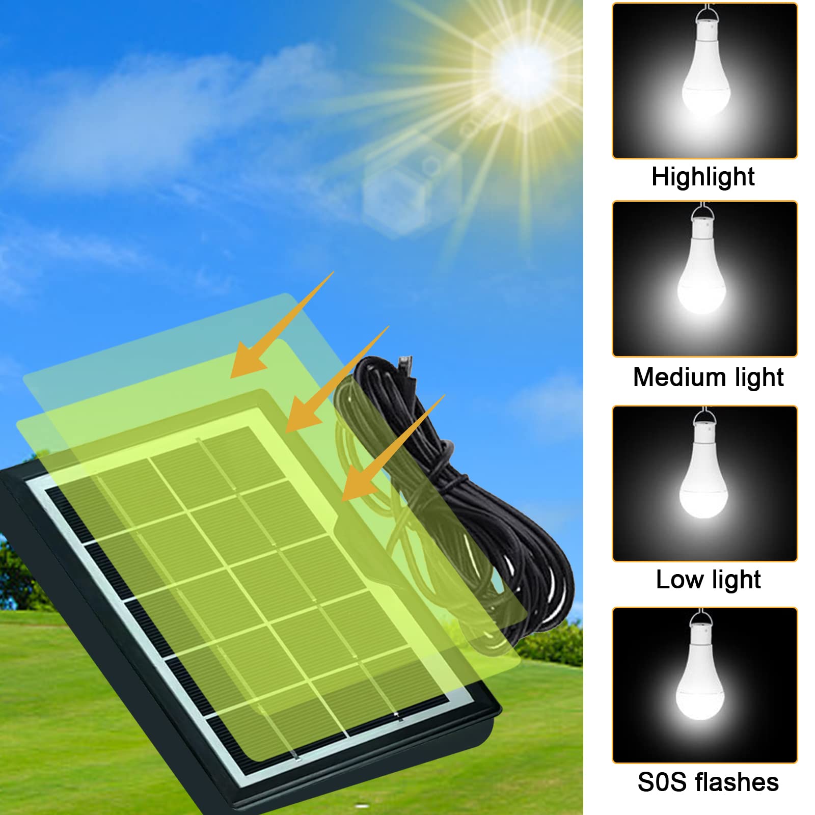 Lampadina a LED a energia solare, da 9 W, con telecomando e 3 modalità, 350 lumen, con carica USB, per giardino, patio, escursionismo, campeggio, pesca, illuminazione