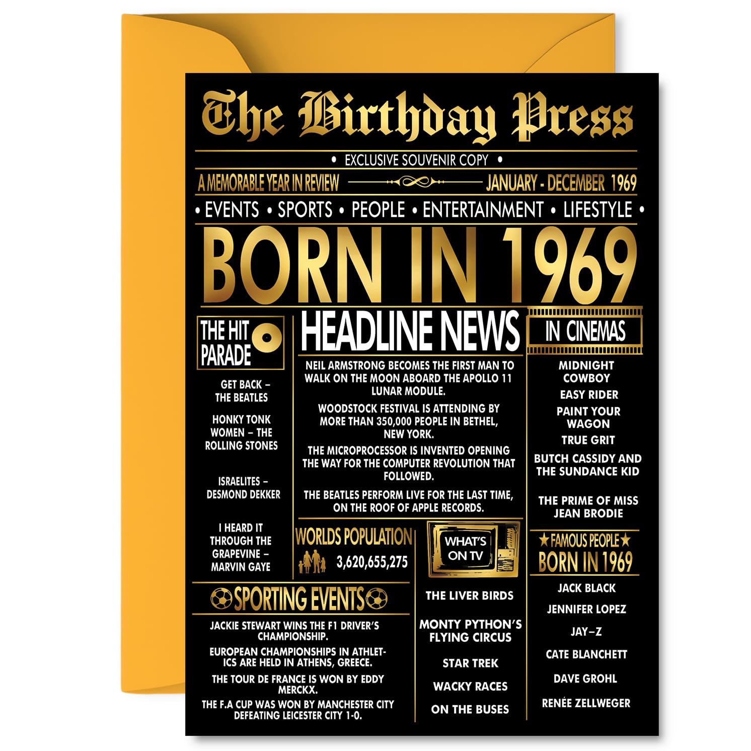 Gold 57th Birthday Card for Men Women - Black & Golden Newspaper Born in 1969 - Happy 57 Birthday Cards for Grandma Uncle Dad Auntie Nan Colleague, 5x7 Inch Bday Greeting Cards