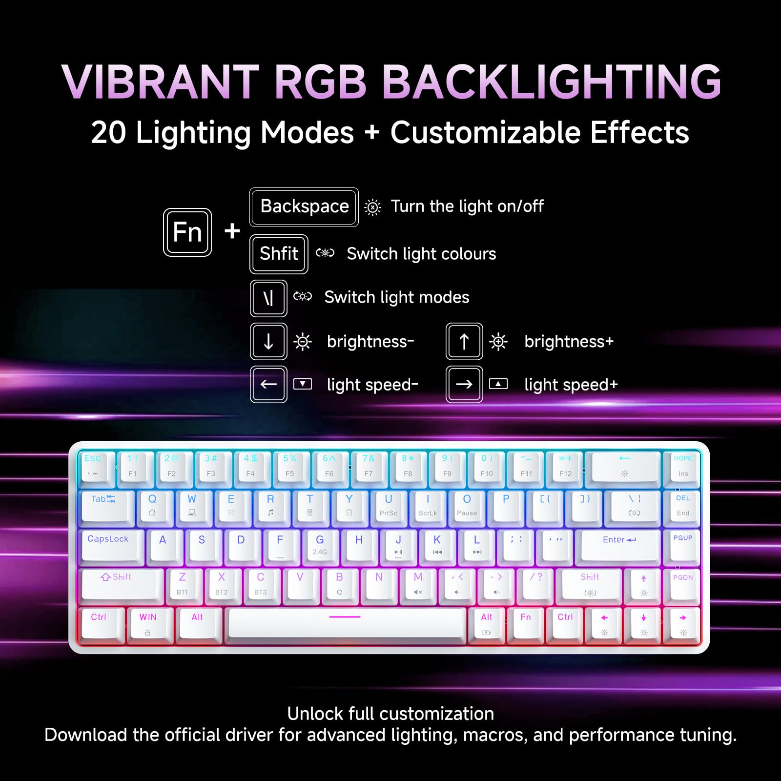 Dierya DK68 Teclado Mecánico Gaming Inalámbrico,60% Layout Compacto 68 Teclas con Triple Modo-Bluetooth/2.4G/Type-C,Red Switch Gamer Mechanical RGB Keyboard para PC/Win/Mac,QWERTY,Blanco
