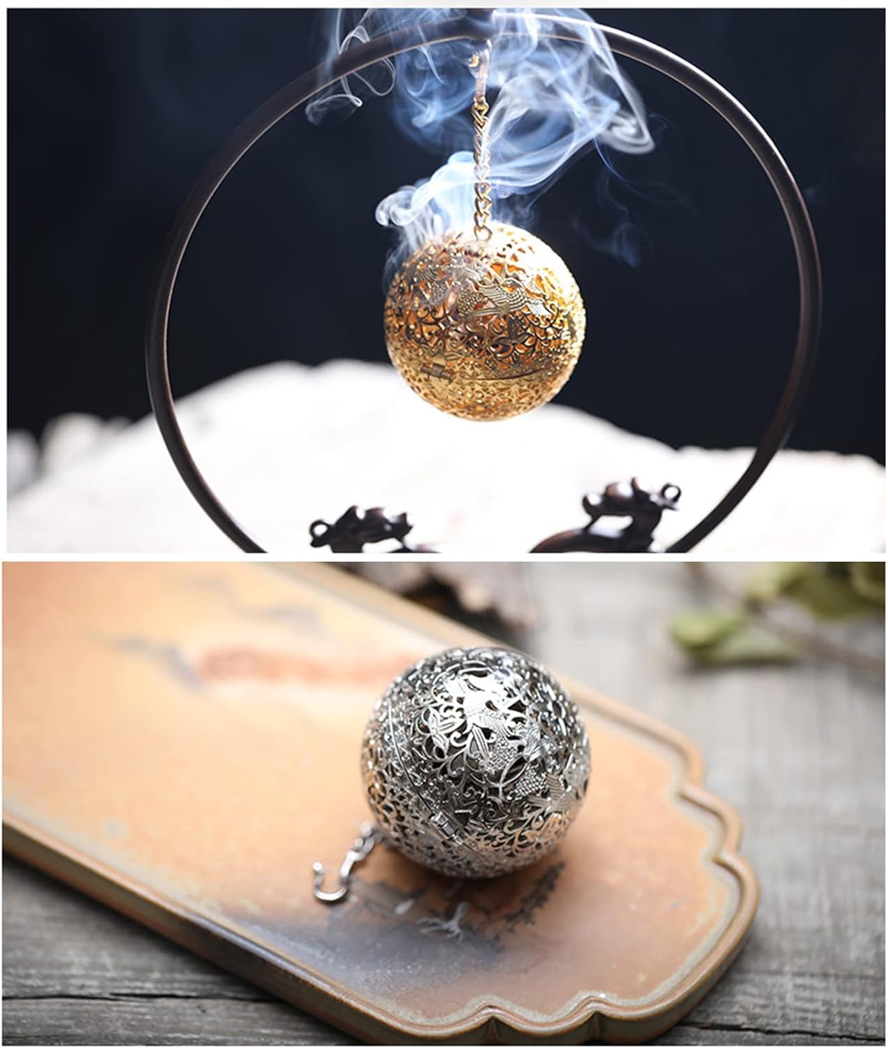 Porta incenso da appendere a forma di sfera, creativo retrò, per aromaterapia, porta incenso a forma di cono, per decorare casa e ufficio, meditazione, cerimonia del tè con Buddha. (argento)
