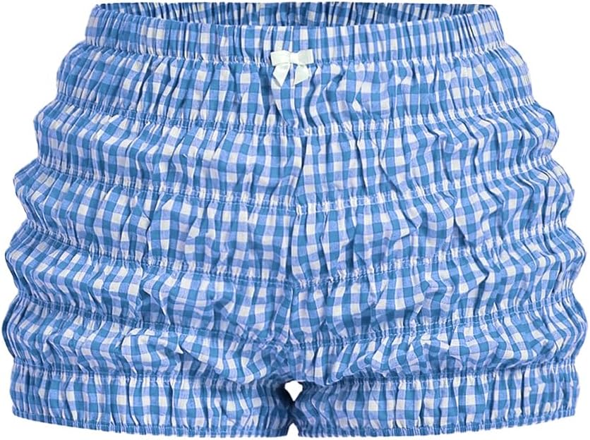 SHENHE Women's Plus Size Plaid Ruched Bloomer Shorts Elastic Waist Cute Mini Shorts