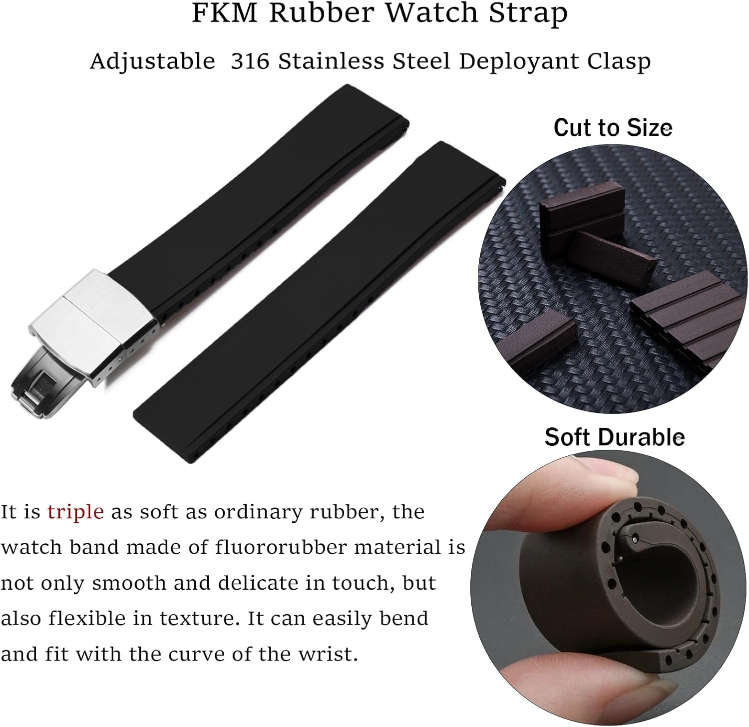 FKM Rubber Watch Bands Deployment Clasp Adjustable CTS Fluororubber 19mm 20mm 21mm 22mm Quick Release Soft Durable FKM Rubber Watch Strap Universal Replacement Band Strap for Men Women - Image 2