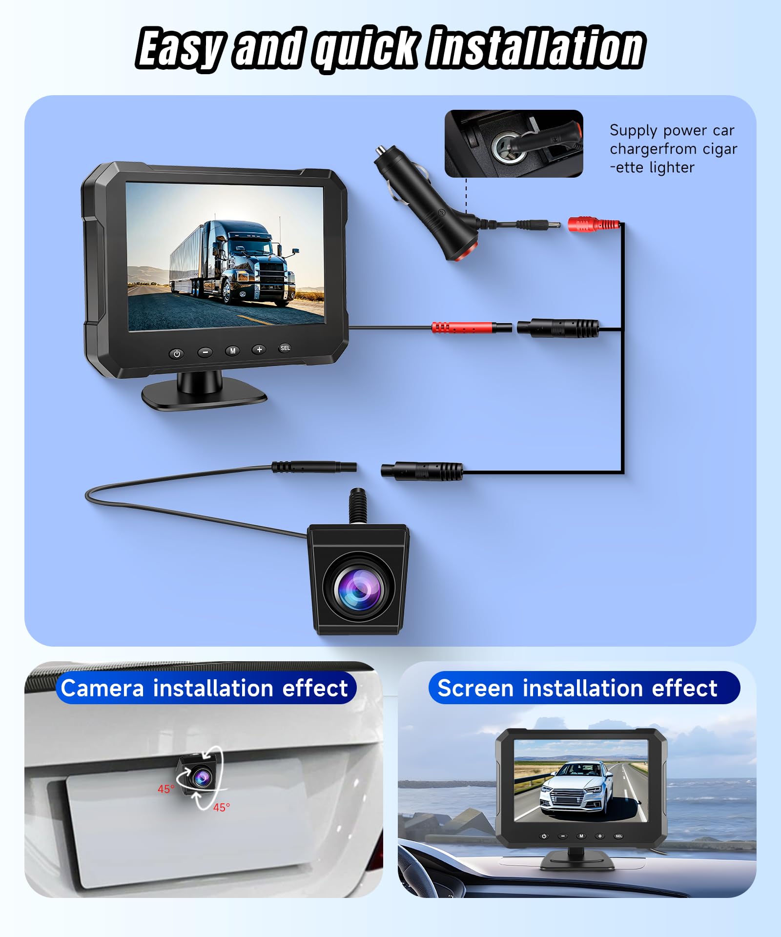 VECHTEL Kabel kamery cofania z 5-calowym ekranem HD, widoczność w nocy, IP68, obracana kamera cofania z funkcją cofania, łatwa instalacja, zdejmowany ekran z wtyczką do zapalniczki samochodowej