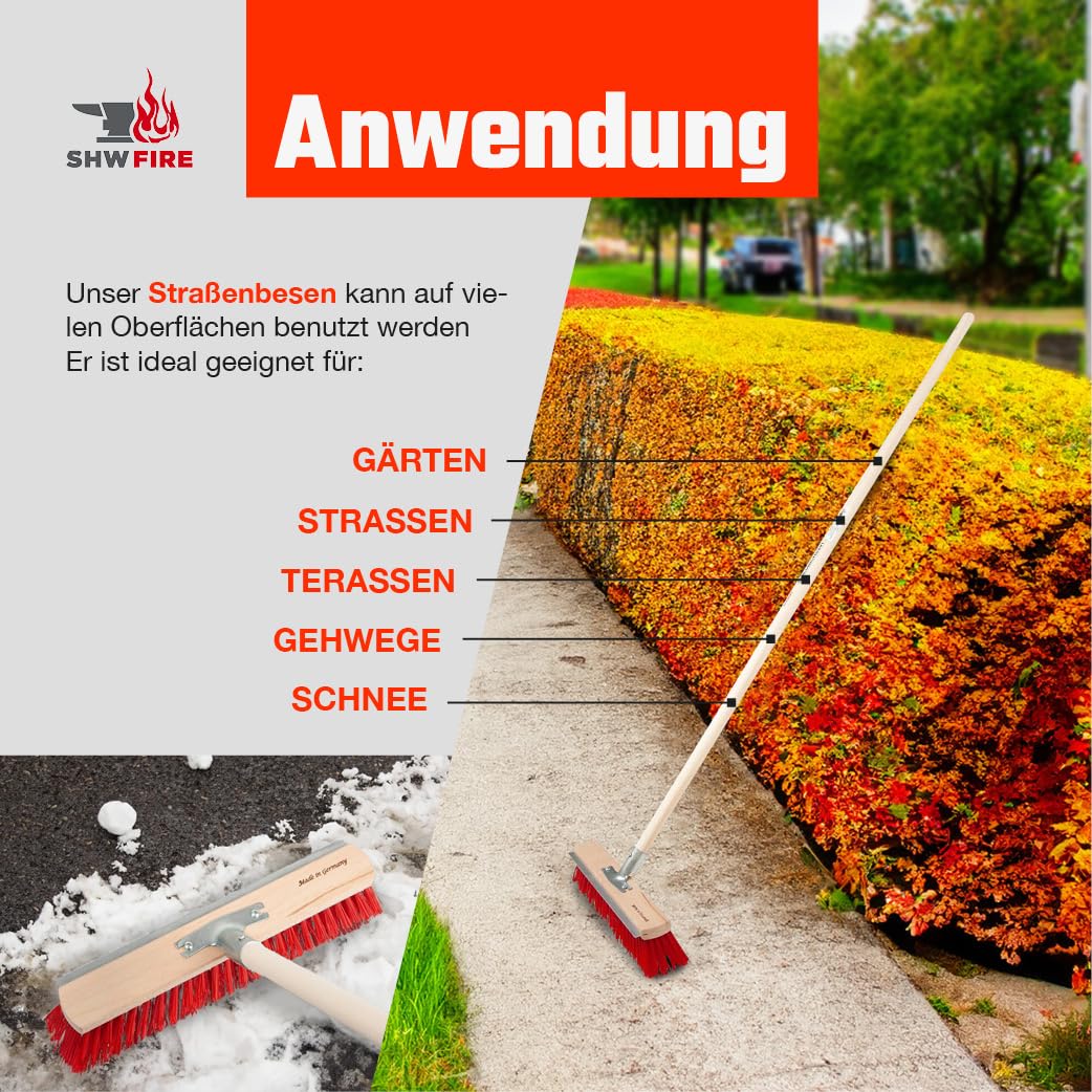 SHW-FIRE | Straßenbesen 40 cm breit mit Kratzkante, langlebige Elaston-Borsten, 140 cm Espenholzstiel - robuster Besen mit Stiel für Straße, Hof & Garten | Made in Germany