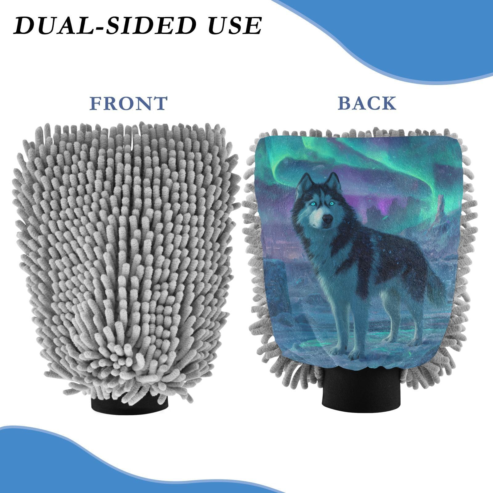ALAZA Husky Polar Lights Car Wash Mitt Scratch Free, 2 Pack Absorbent Microfiber/Chenille Washing & Drying Mitts, L