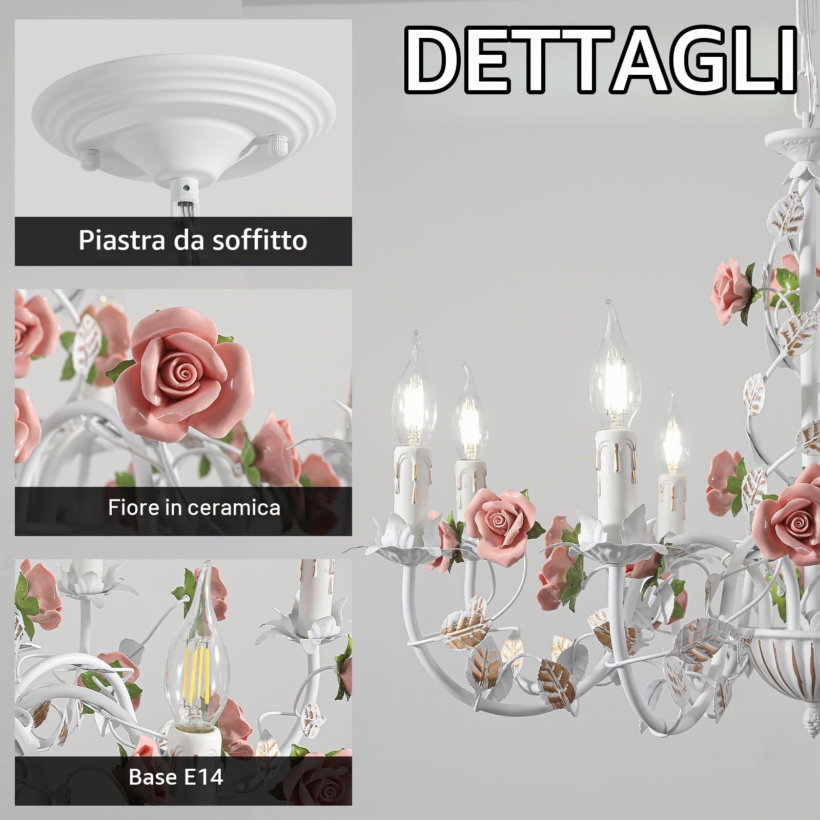 Bianco Lampadario Vintage,Lampadario Soggiorno In Metallo Con Ceramica Rosa,Lampadari Sospensione In Stile Antico E14 Per Cucina,Camera Da Letto,Sala Da Pranzo,8 Luci