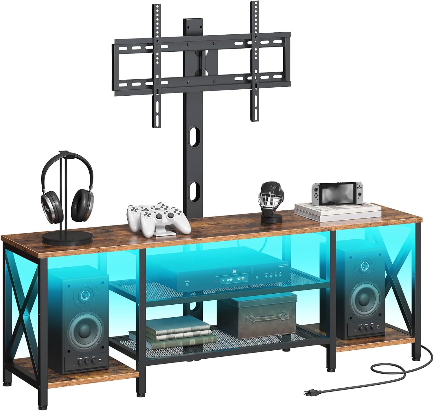 HOOBRO TV Stand with Mount and Power Outlet, LED Entertainment Center with Swivel Mount for 32/45/55/60/65/70/75 inch TVs, 3-Tier Storage Shelf for Living Room, Bedroom, Rustic Brown BF46UDDS01