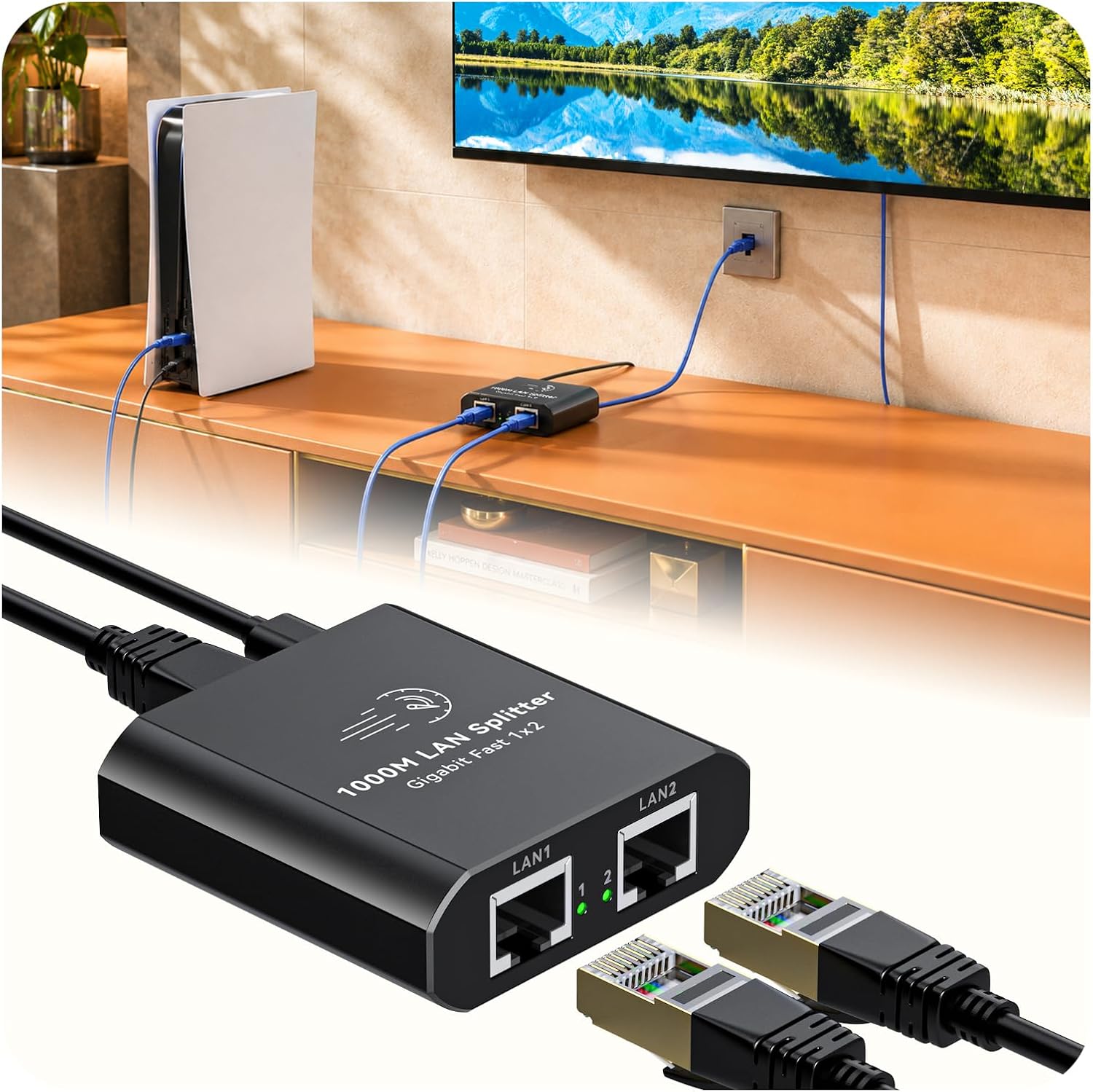 Ethernet Splitter 1 to 2 Mini Gigabit Internet Switch 1 in 2 Out LAN and RJ45 Port Splitter High Speed Network Adapter for 5/5e/6/7/8 with USB c Power Cable
