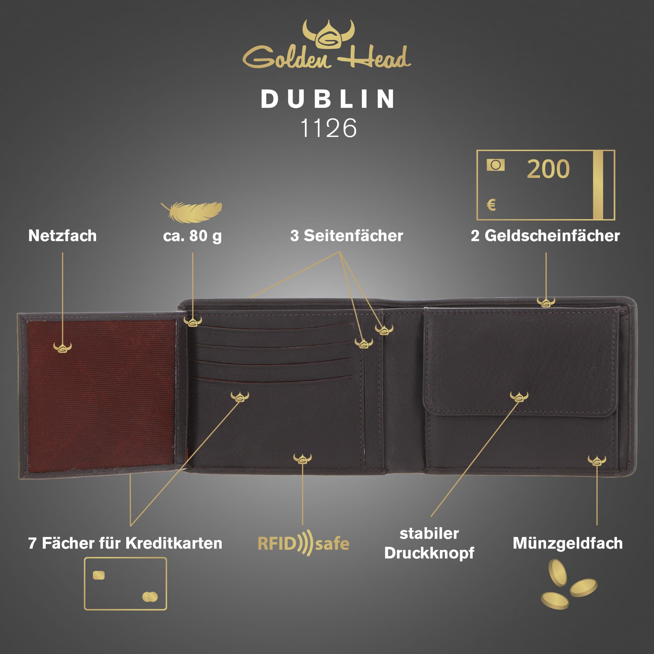 Golden Head Leder Geldbörse Dublin RFID Protect Scheintasche 1126 Braun Dunkelbraun