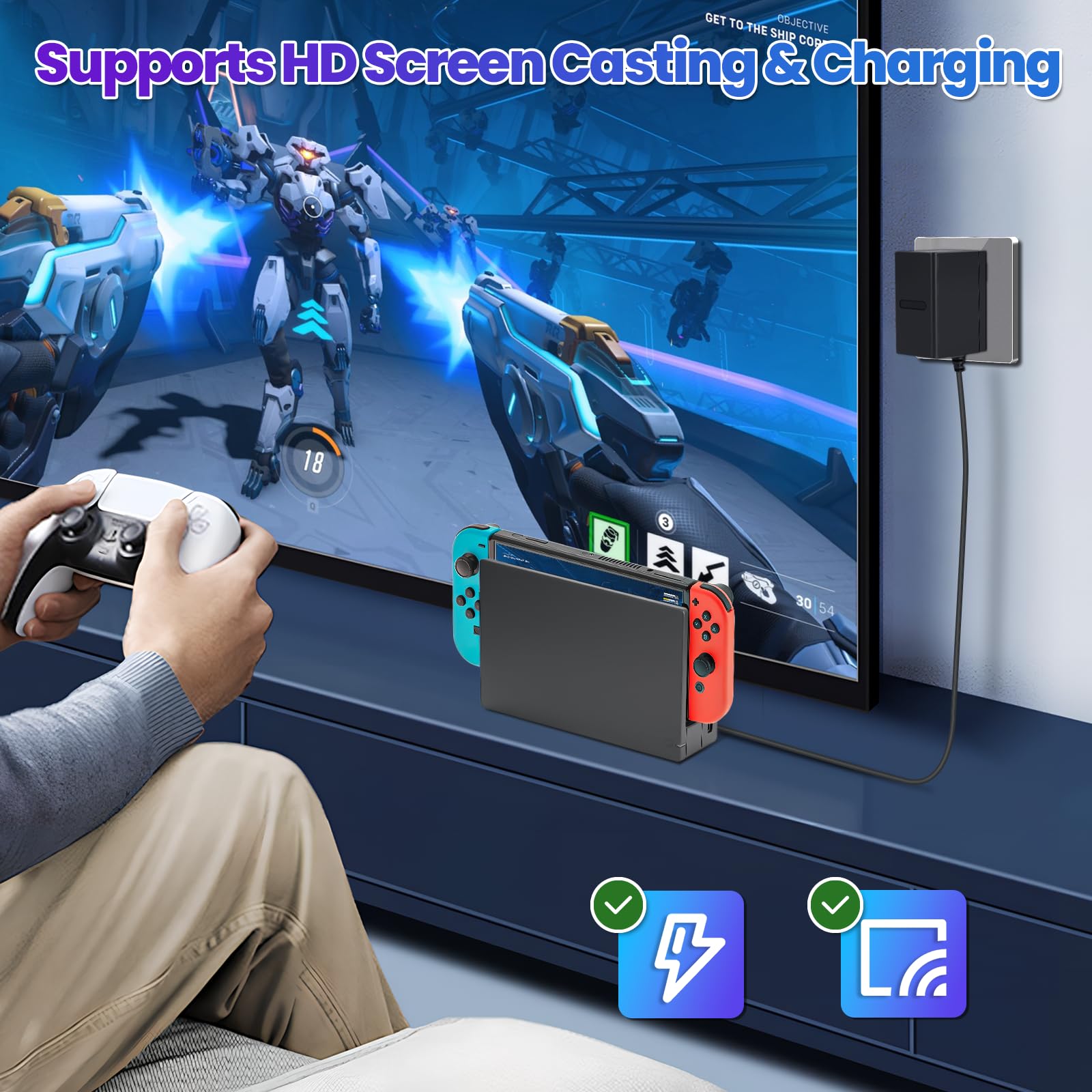 Docking Station für Nintendo Switch & OLED - 3-in-1 TV Dock Komplettset mit HDMI-Ausgang, Netzteil & Kabel, Tragbare Ersatz-Dockingstation für Zuhause & Reisen [Ohne LAN/Ethernet]