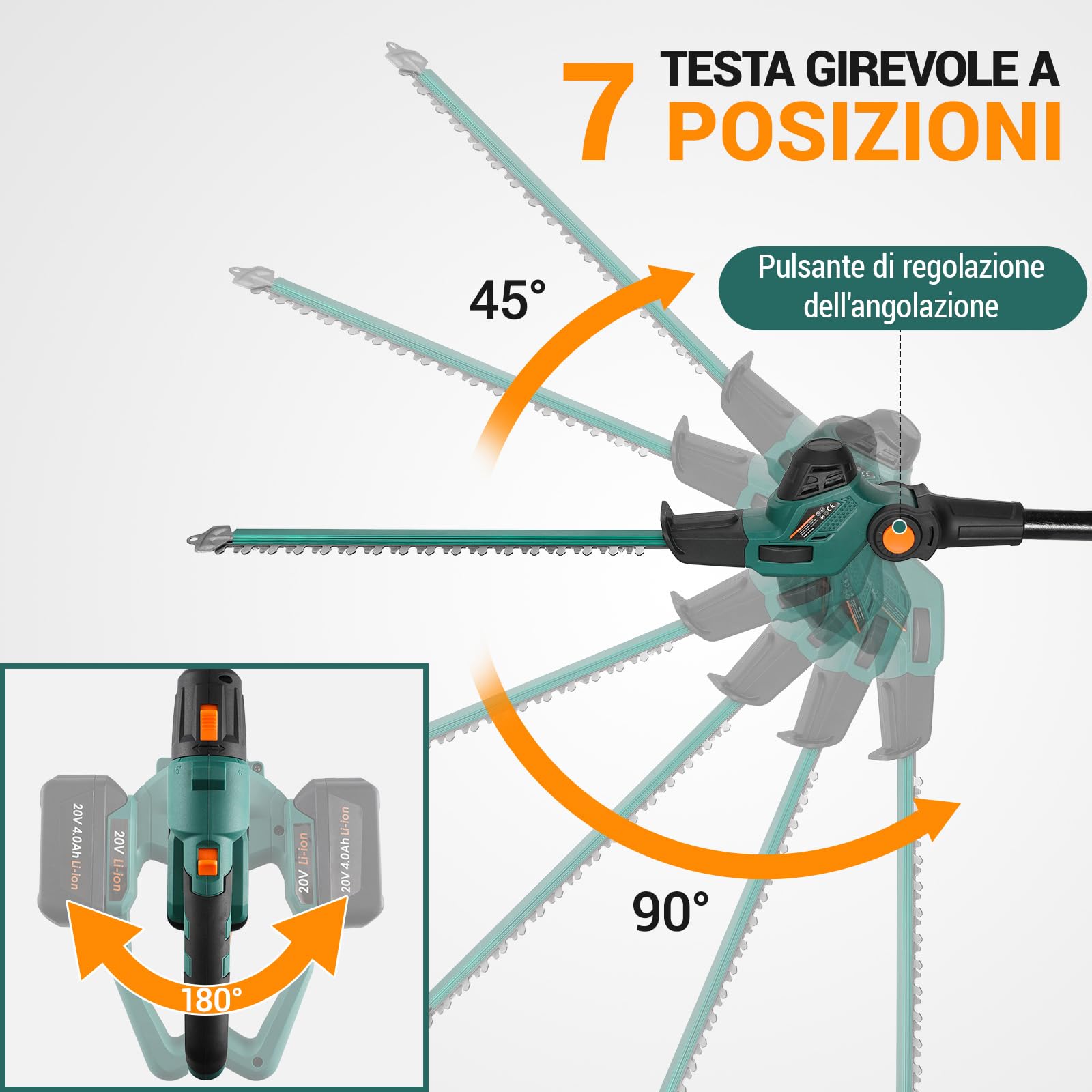 Tagliasiepi Telescopico a Batteria, Tagliasiepi a Batteria, Tagliasiepi Elettrico, Batteria 20V 4Ah e Caricabatterie, Lama 45cm, Passo 16 mm, Testa Pivotante con 7 Posizioni