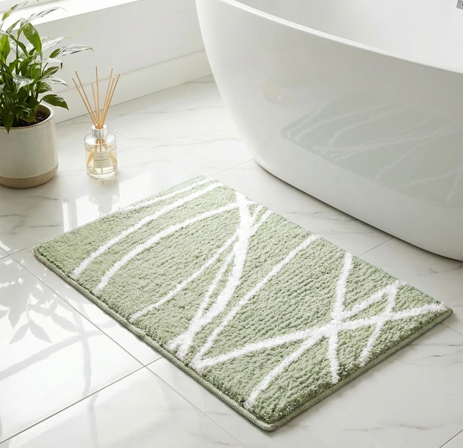 Tititex Luxury Sage Green White Curve Line Bathroom Rug, 16x24 inch Extra Soft and Absorbent Microfiber Bath Rugs, Non-Slip Plush Shaggy Bath Carpet, Bath Mats for Bathroom Floor, Tub and Shower - Image 2