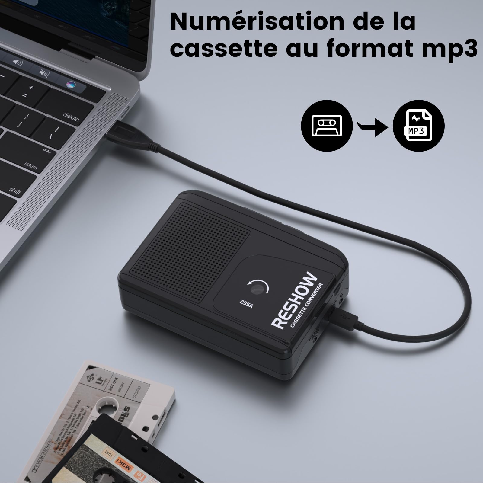 Reshow Lecteur cassette portable avec haut-parleur intégré et prise casque, convertisseur USB cassette vers MP3, lecteur de conversion numérique avec son stéréo complet - Noir