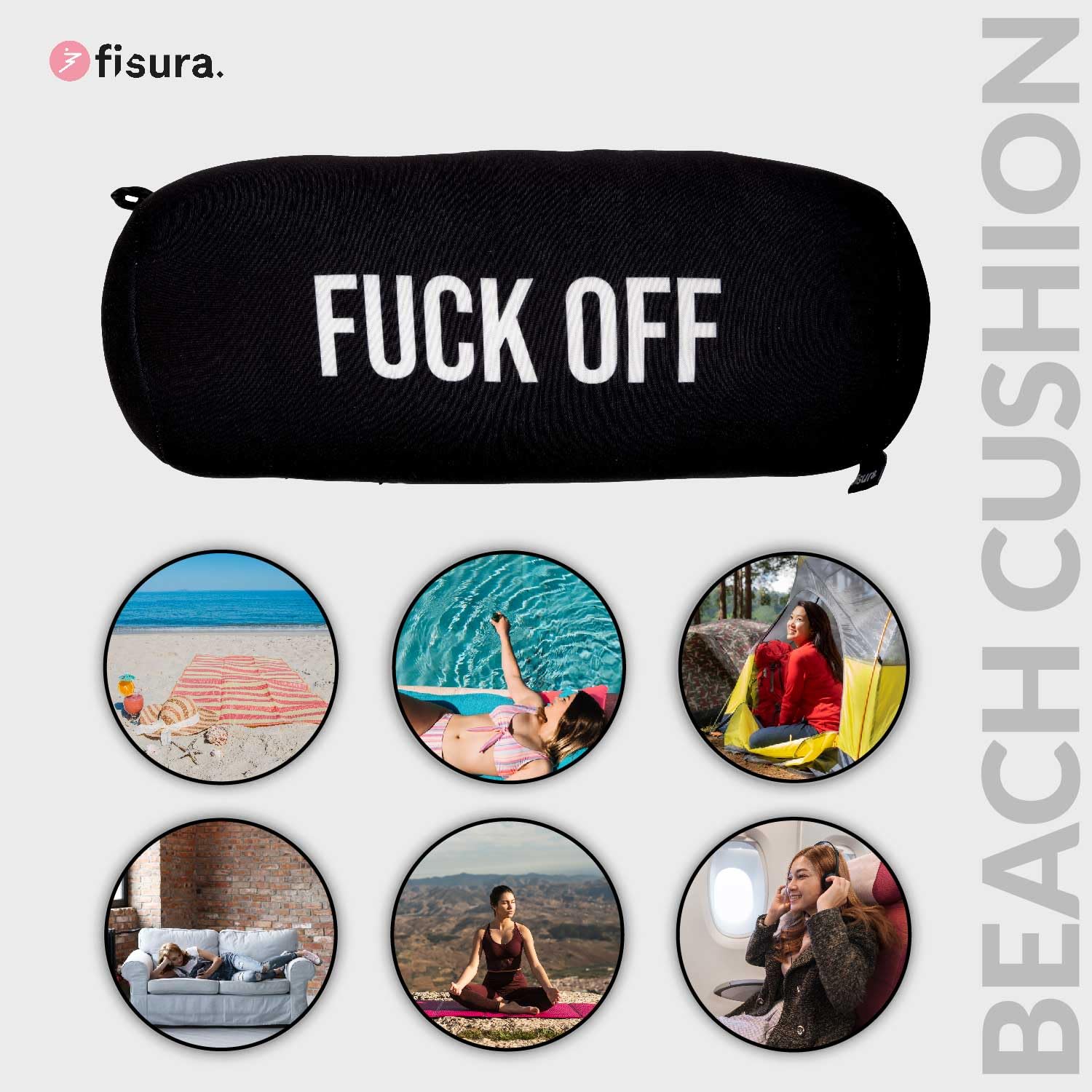 Fisura – Poduszka plażowa "F*ck off”. Cylindryczna poduszka 29 x 12 cm. Czarna poduszka do relaksu. Oryginalna poduszka podróżna. Poliestrowa poduszka campingowa.