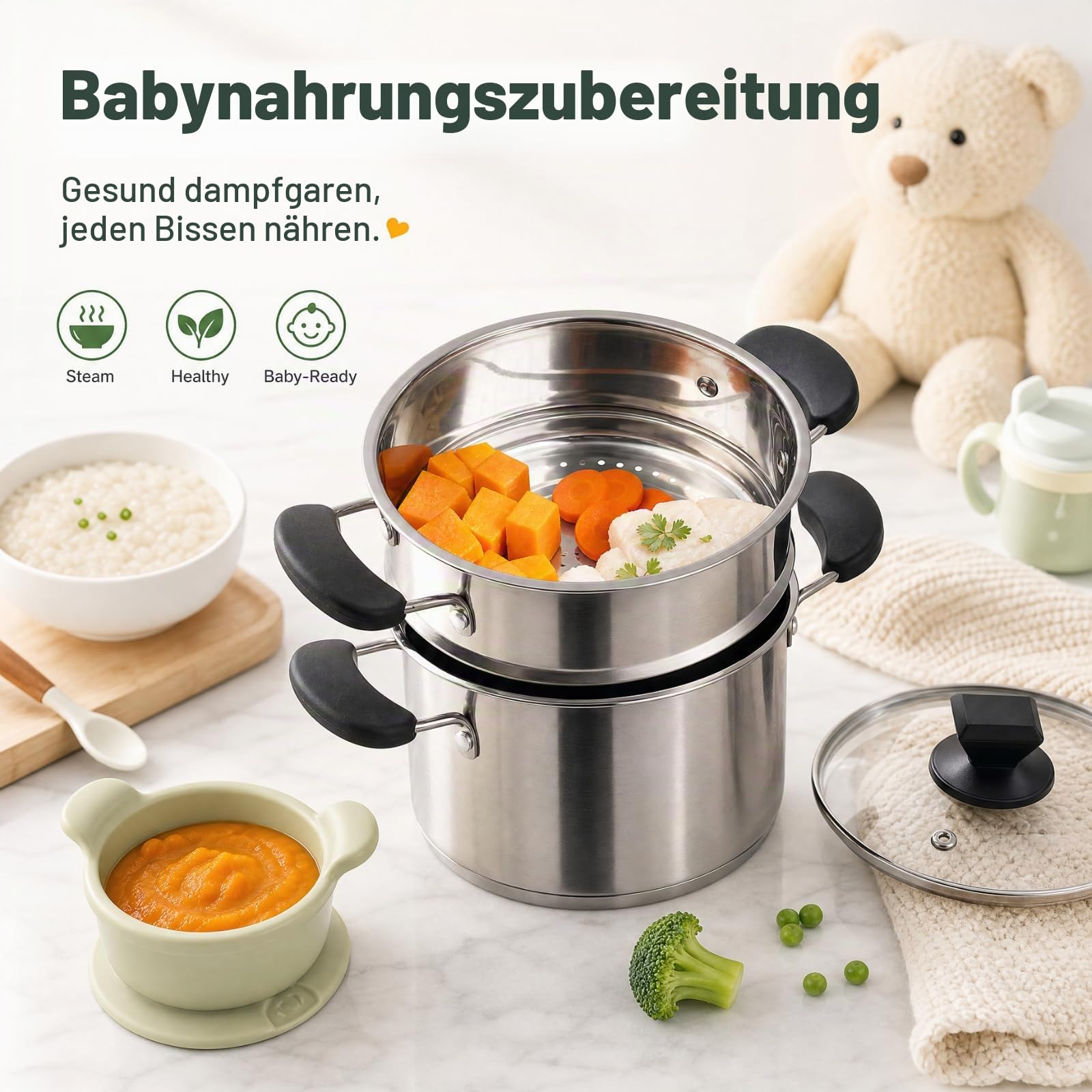 ZENFUN Edelstahl Dampfgartopf mit Korb, 1,6 Liter Suppentopf mit Glasdeckel, Mini Dampftopf Kochgeschirr mit Griff für Gemüse, Soße für Herd, Induktion, Gas, Elektro, Grill