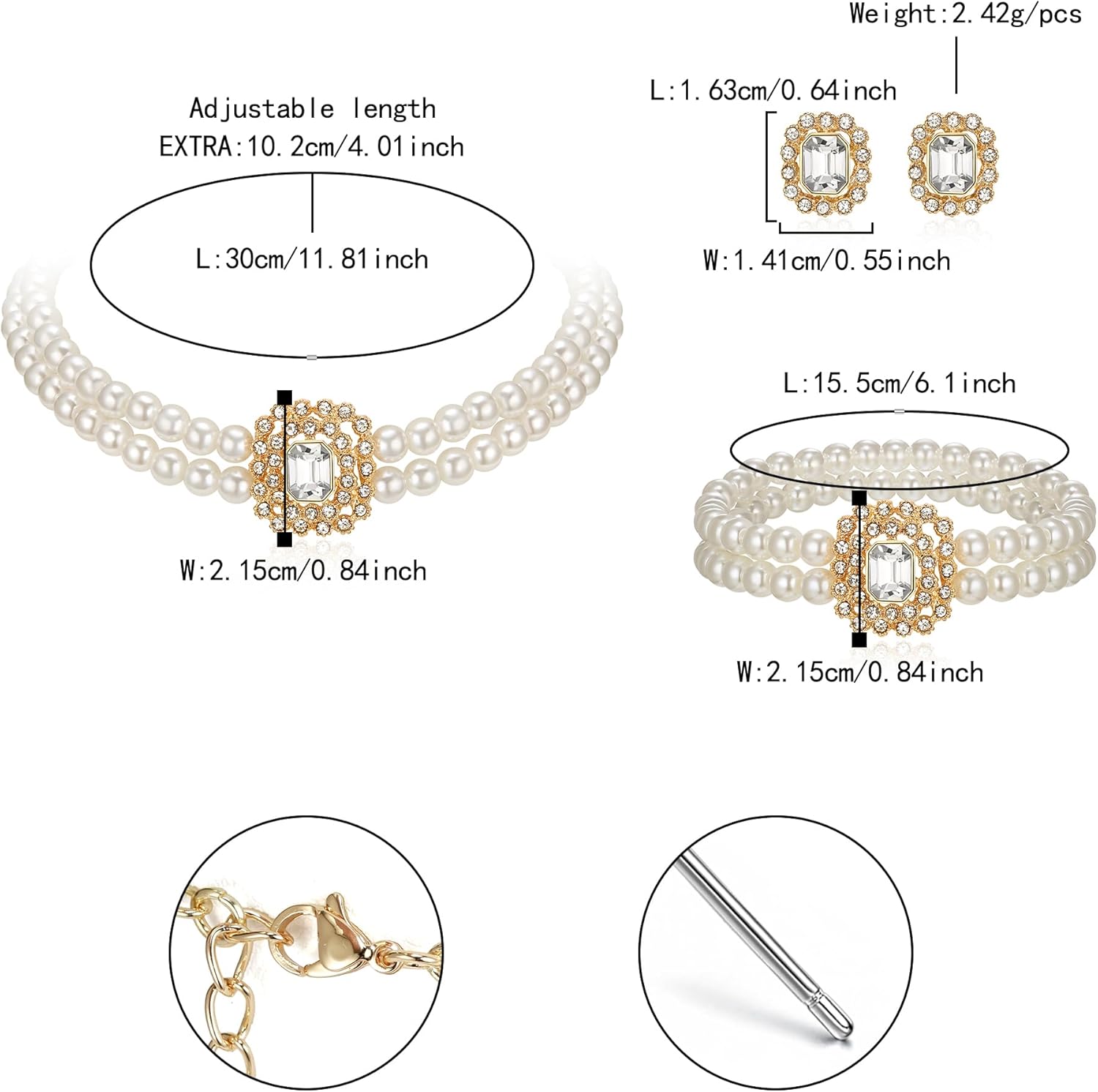 Flyonce 3 Pcs 1920s Pearl Choker Necklace Earrings Bracelet Sets, Vintage Faux Pearls Strands Necklaces Great Gatsby Flapper Party Cosplay Roaring 20s Halloween Costume Jewelry Set for Women