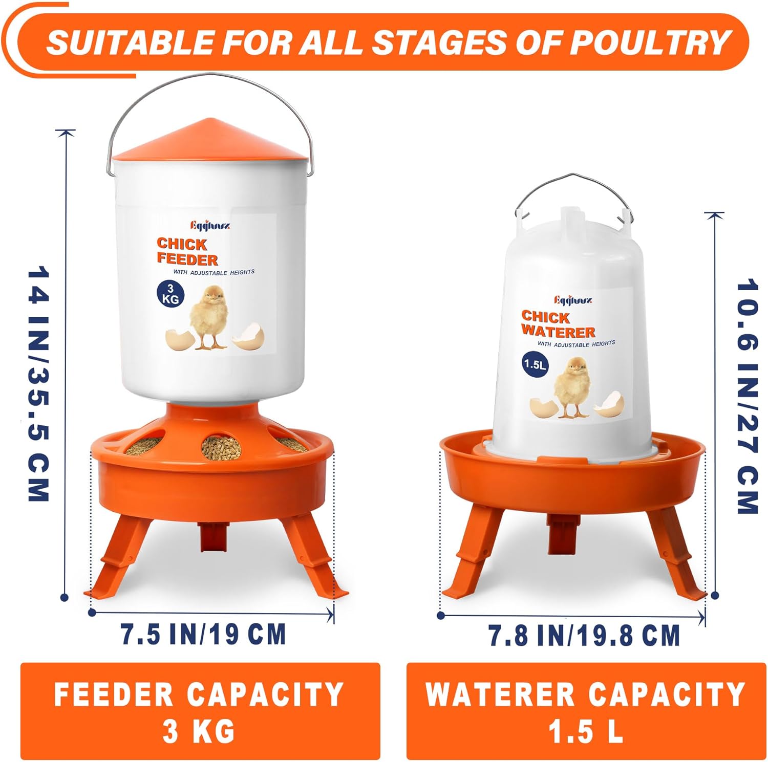 Eggluuz Chick Feeder and Waterer Set, Top Fill 3kg Chick Feeder and 1.5L Chick Waterer with 3 Adjustable Heights thumbnail