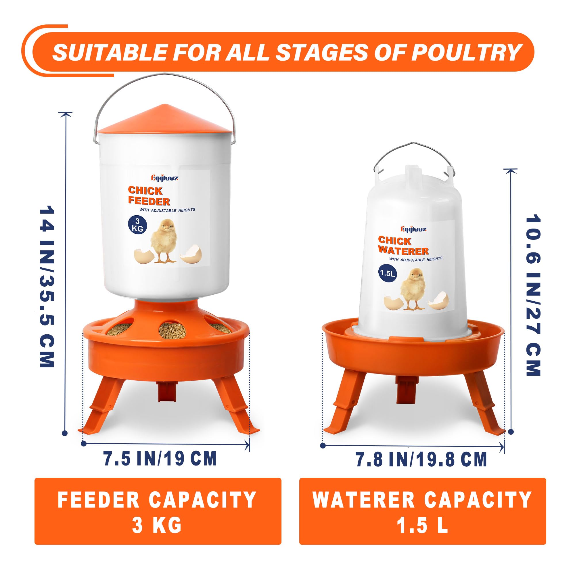 Eggluuz Kit de comedero y bebedero para pollitos, comedero para pollitos de 3 kg y bebedero para pollitos de 1,5 L con 3 alturas ajustables