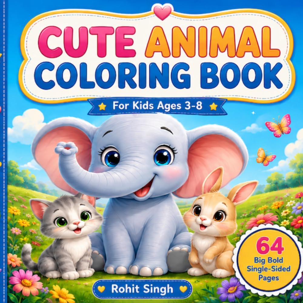 Cute Animal Coloring Book: 64 big, bold, and friendly animal coloring pages