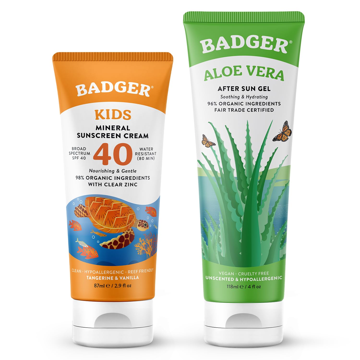 SPF 40 Kids Mineral Sunscreen and Organic Aloe Vera Gel by Badger – Pack of 2