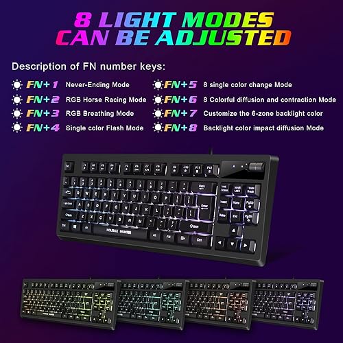 Miniatura 4 de Combo de teclado y mouse RGB para juegos 87 teclas teclado para juegos con cable USB sensación mecánica retroiluminada con 7200 DPI para PC MAC PS4