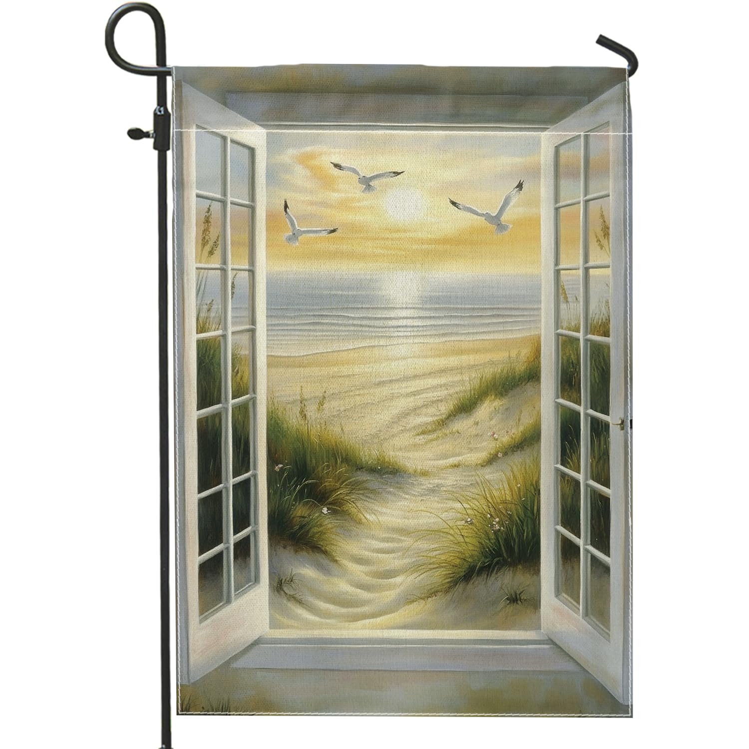 Beach Window Scene Garden Flag, Soft Yellow Coastal Art Decor for Summer, Double Sided Burlap Outdoor Lawn Flag, Seaside Home Decoration 12x18 Inch