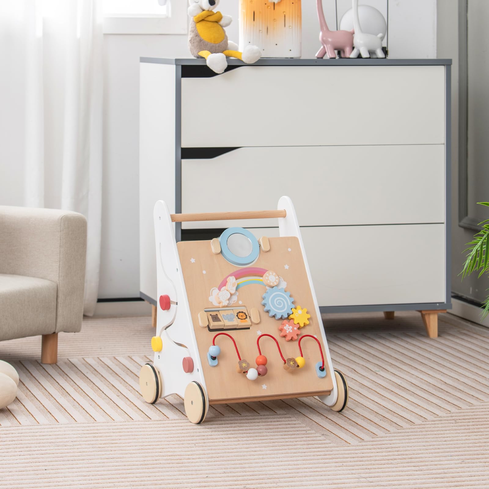 GOPLUS Stabile Lauflernhilfe aus Holz, Multifunktionaler Lauflernwagen mit mehreren Spieleinstellungen & Ablage, Lernspielzeug Gehhilfe mit Gummirädern & Griff, für Kinder ab 3 Jahren Alt (Modell 4)