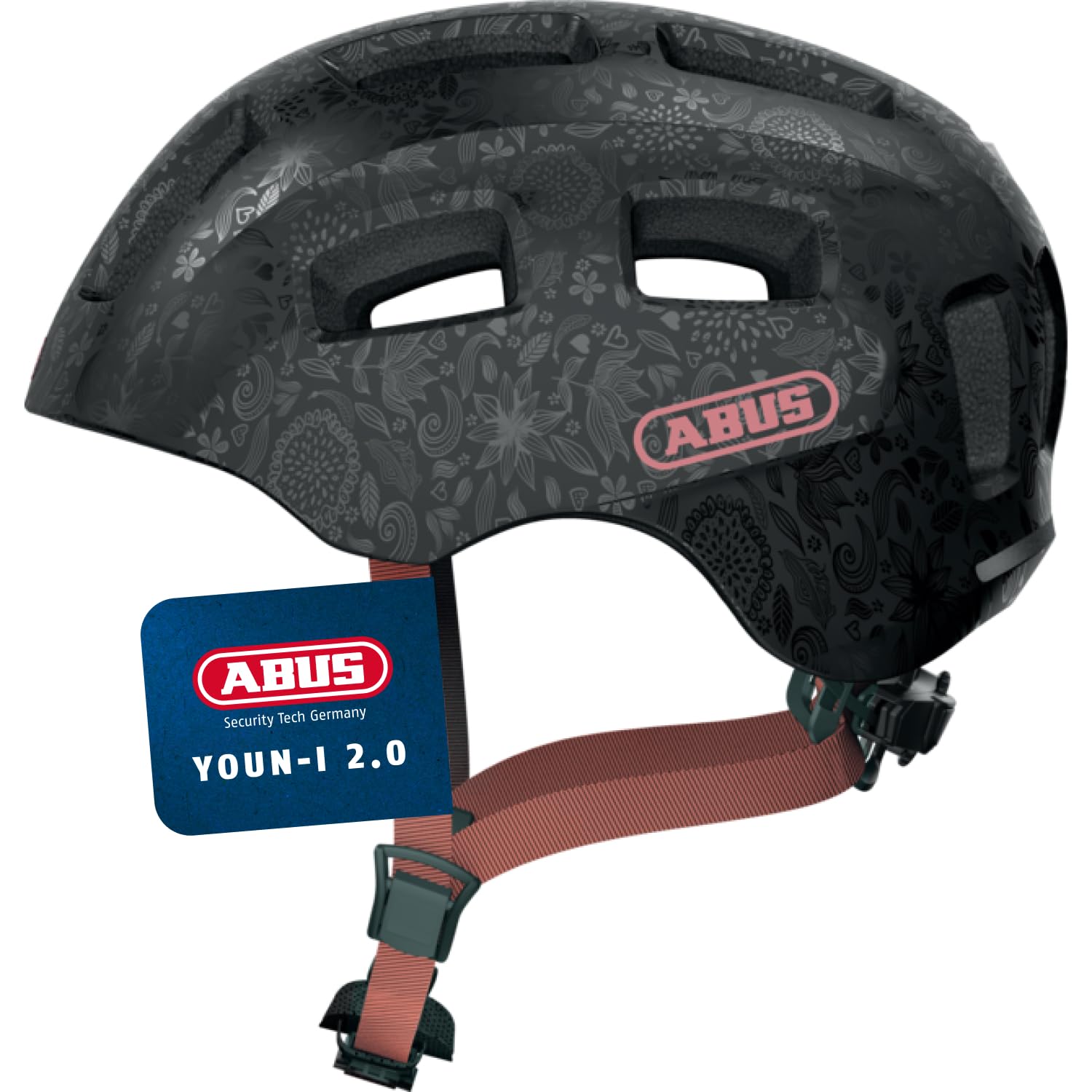 ABUS Fahrradhelm Youn-I 2.0 - mit Licht für Kinder, Jugendliche und junge Erwachsene - für Mädels und Jungs - Schwarz mit Blumen-Muster, Größe M