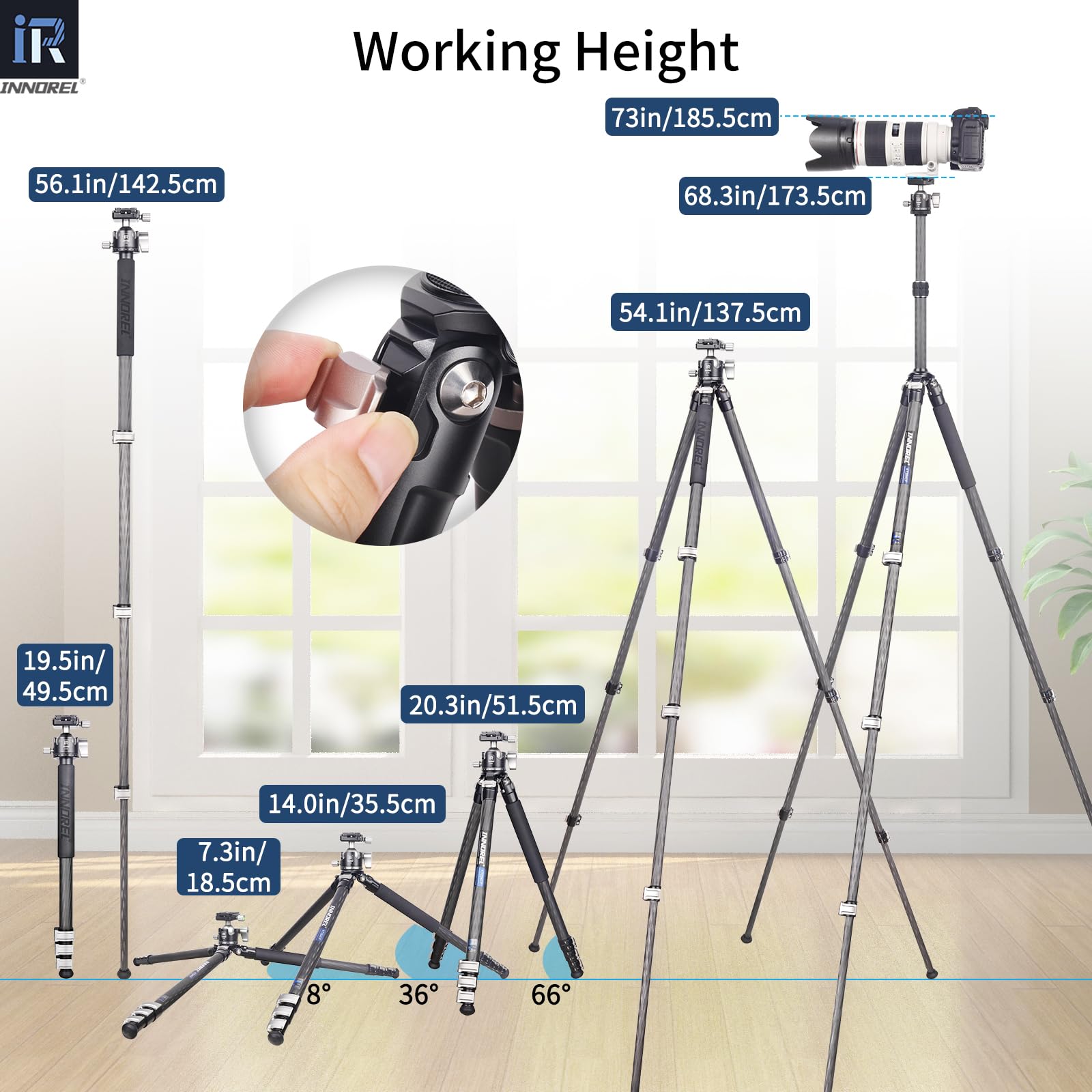 Kt254cf - innorel trépied Professionnel à clapet Rapide en Fibre de Carbone 25,6 mm Support Compact et léger avec tête sphérique à Double Encoche en U Mince d36 pour caméscopes Reflex numériques