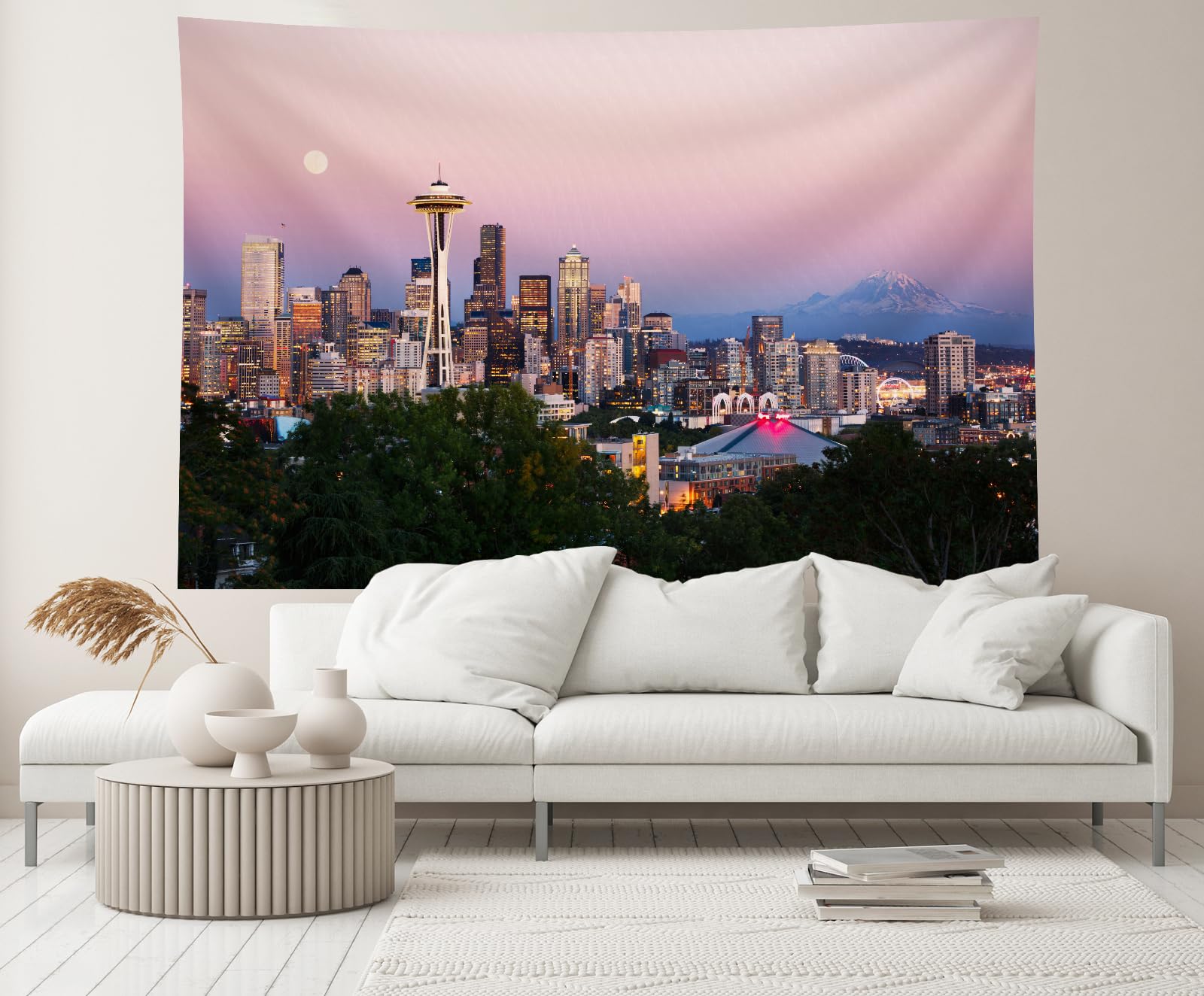 CHNYWORK 7x5ft USA Seattle Backdrop America Skyscraper City Night Scene Skyline Sunset Scenery Background United States Travel Theme Birthday Wedding
