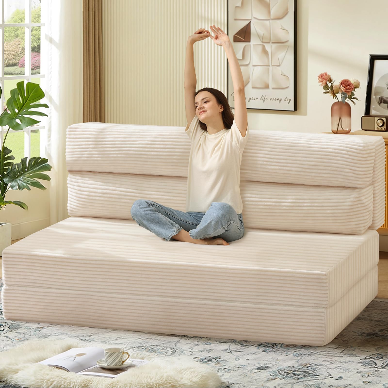 Photo 1 of JUIKURY Folding Sofa Bed, Convertible Sleeper Chair with Pilow Foldable Matress, 2 in 1 Pull Out Loveseat Sofa Portable Fold Out Chair Bed Floor Couch Lounge for Living Room Bedroom (Beige, Queen)