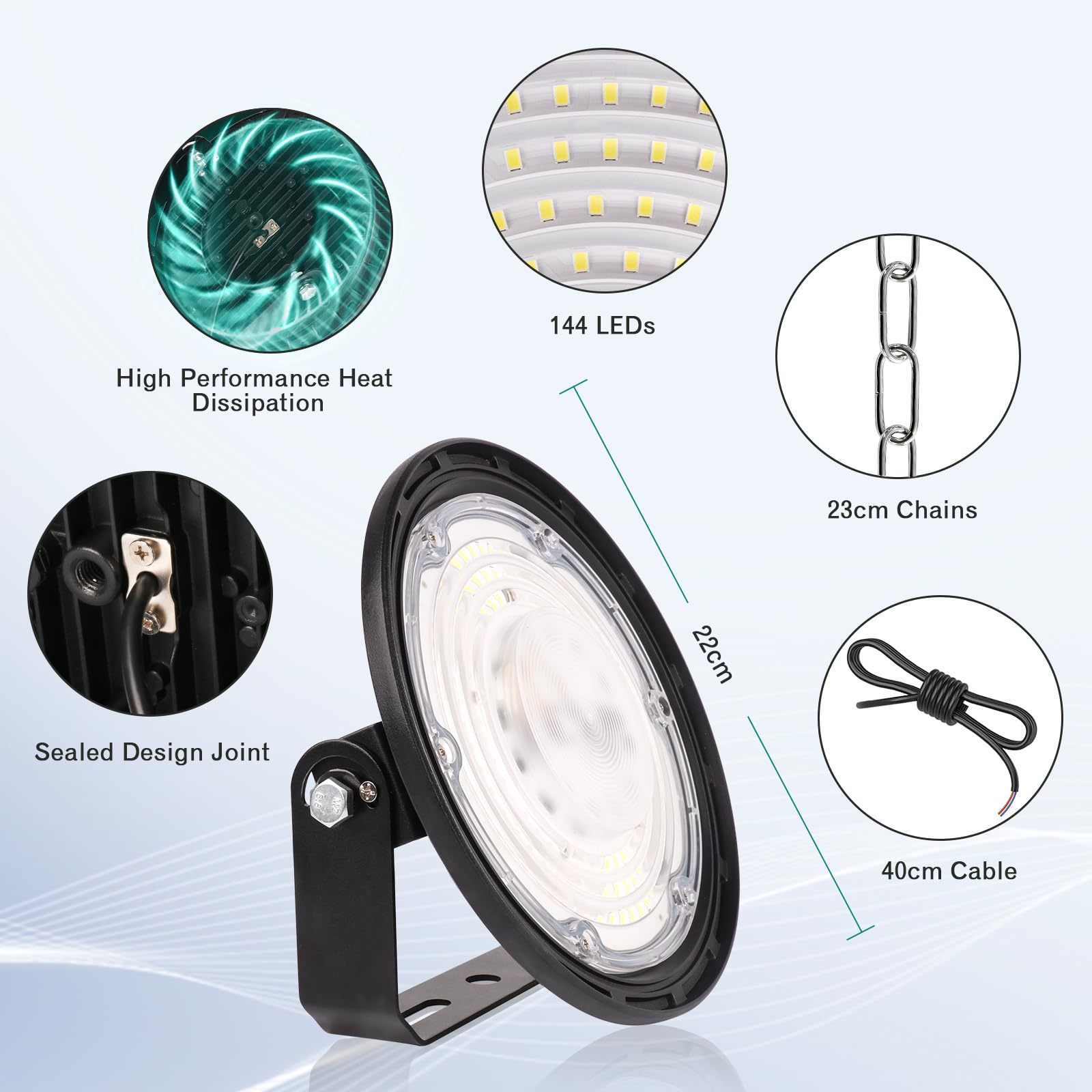 Fosingut 100W Industrial LED Floodlight,10000LM High Bay Spot Light Workshop Lighting,Cool White 6500K IP65 Waterproof UFO Ceiling Light LED Interior Chandelier for Warehouse,Factory,Hall,Gym - Image 3