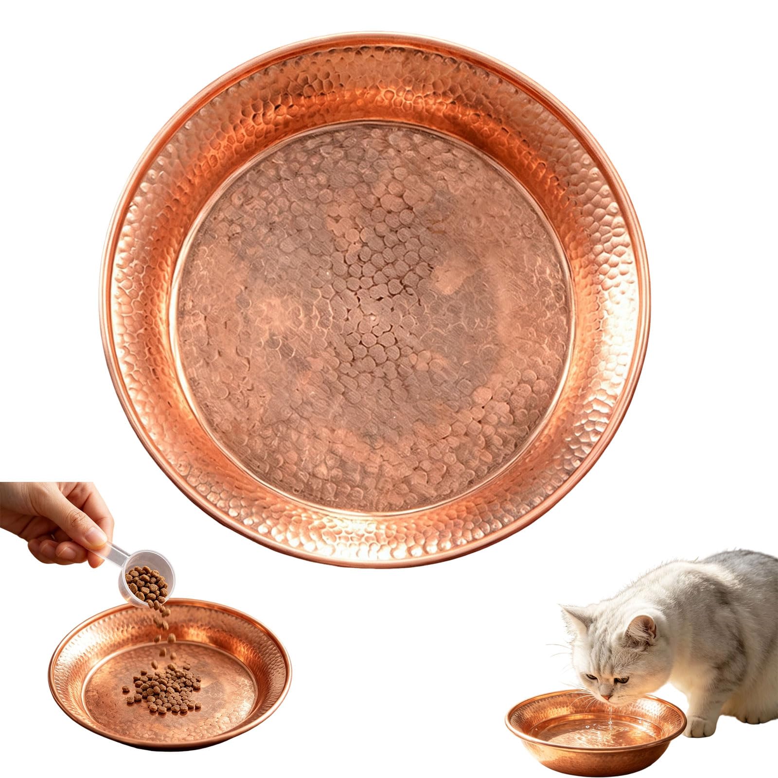 Hammered Metal Bowl - Shallow Copper-Tone Pet Dish for Whisker Fatigue Relief, Non-Slip Weighted Base, Durable Food & Water Plate for Cats and Dogs (C-13cm)