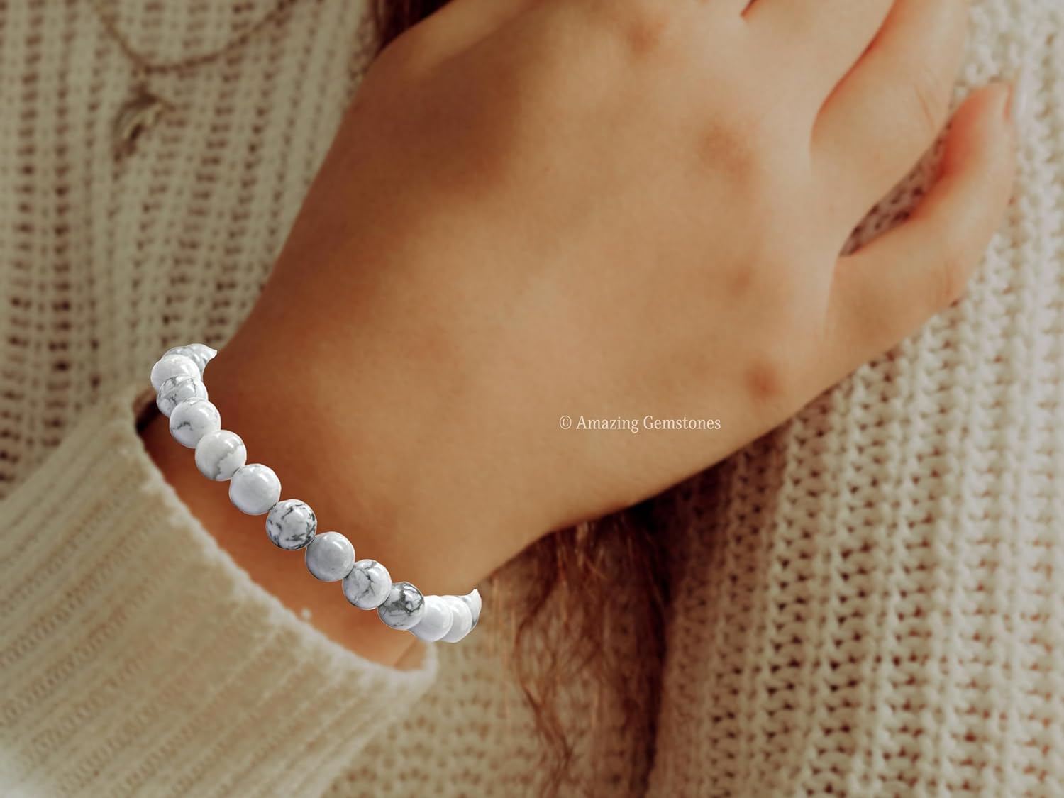 Amazing Gemstone Howlite Bracelet, Gifts For Men & Women - Protection Healing Crystal Bracelet - 8mm Gemstone Beaded Adjustable Bracelet, Pulseras Para Hombres Mujer Stocking Stuffers - Image 4