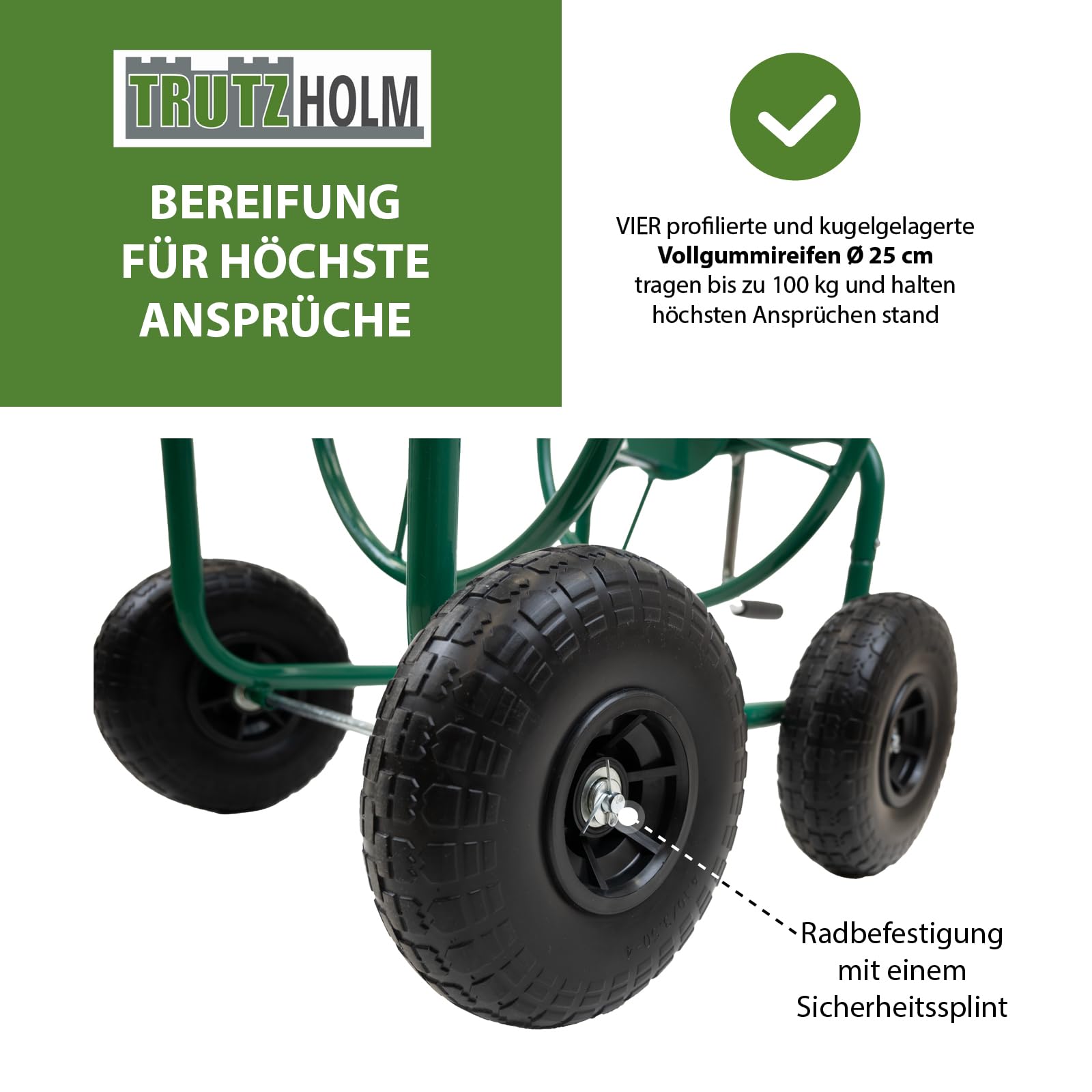 TRUTZHOLM Schlauchwagen Premium 4 Vollgummiräder, 92 x 57 x 78, pulverlackierter Stahl, für 80 m Gartenschlauch, Anschluß 3/4", adaptierbar auf 1/2 Zoll, Gartentrommel Schlauchabroller Schlauchhalter