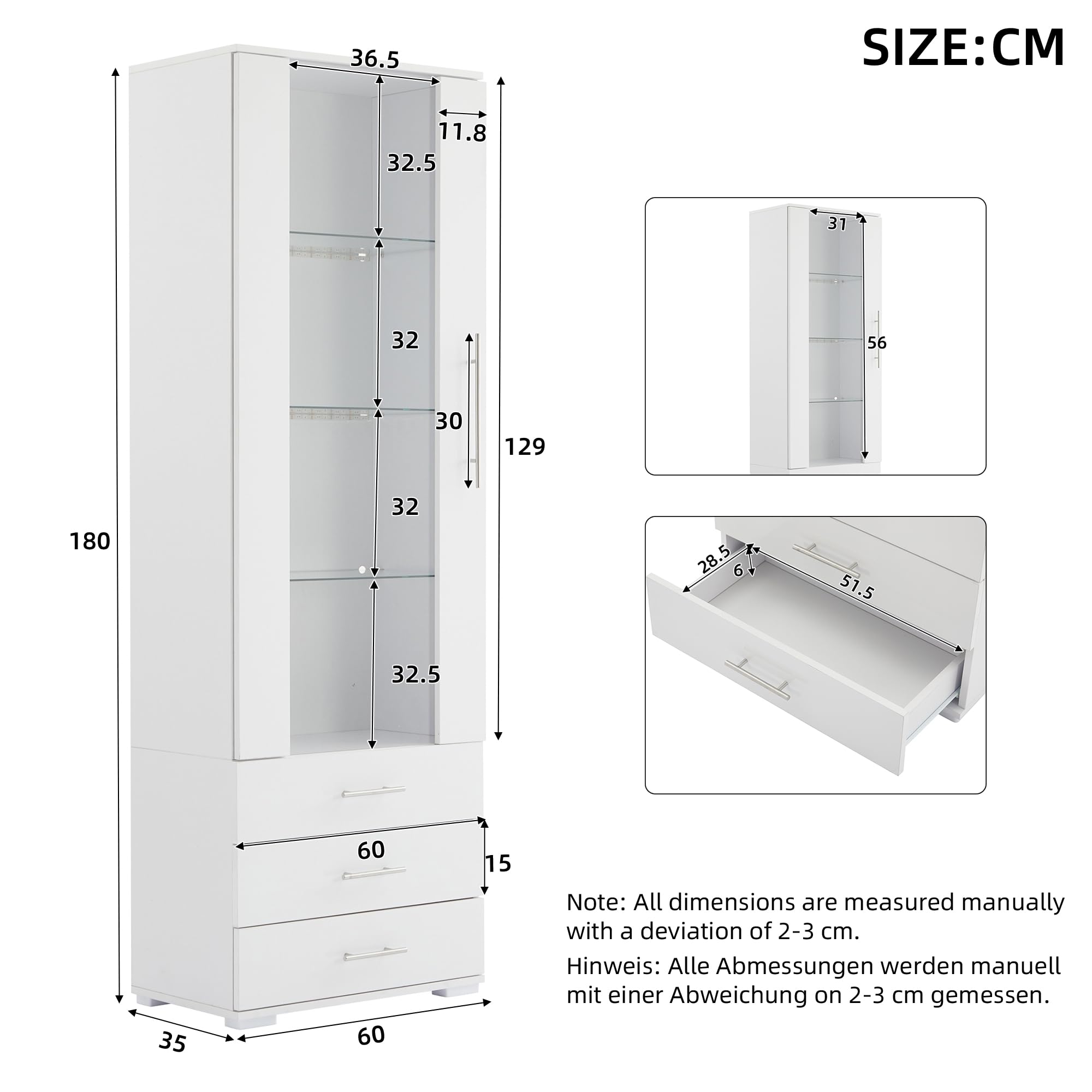 Lexiou Vetrina in vetro lucido, vetrina con illuminazione a LED, vetrina verticale con 3 cassetti, 60 x 35 x 180 cm (bianco)