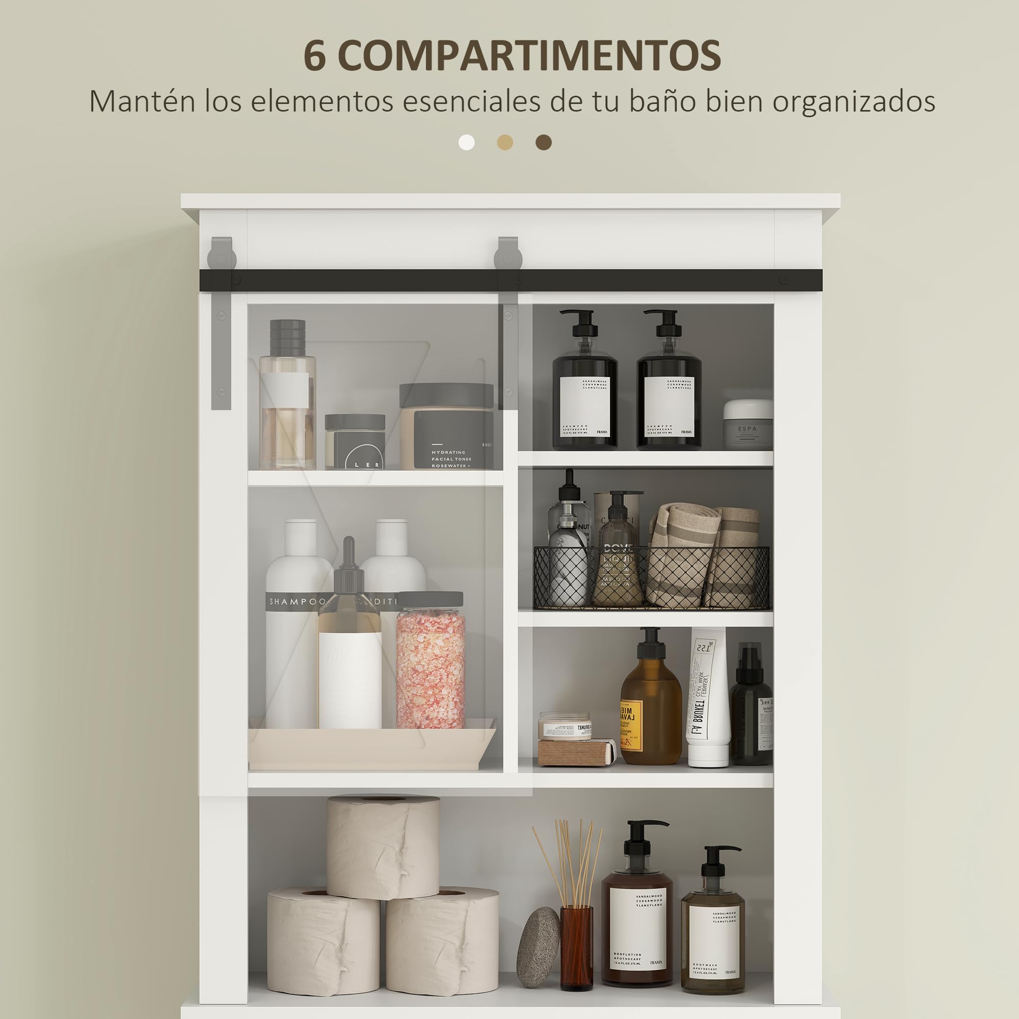 HOMCOM Mueble sobre Inodoro Armario sobre Inodoro con Puerta Corredera de Granero y 6 Compartimentos Mueble de Baño Rústico 67x25x172 cm Blanco