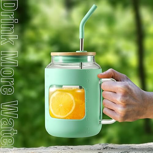 Miniatura 7 de Botellas de agua de vidrio de 50 onzas con funda de silicona, vaso de vidrio con tapa y popote, taza de café helado con asa, sin BPA, color verde