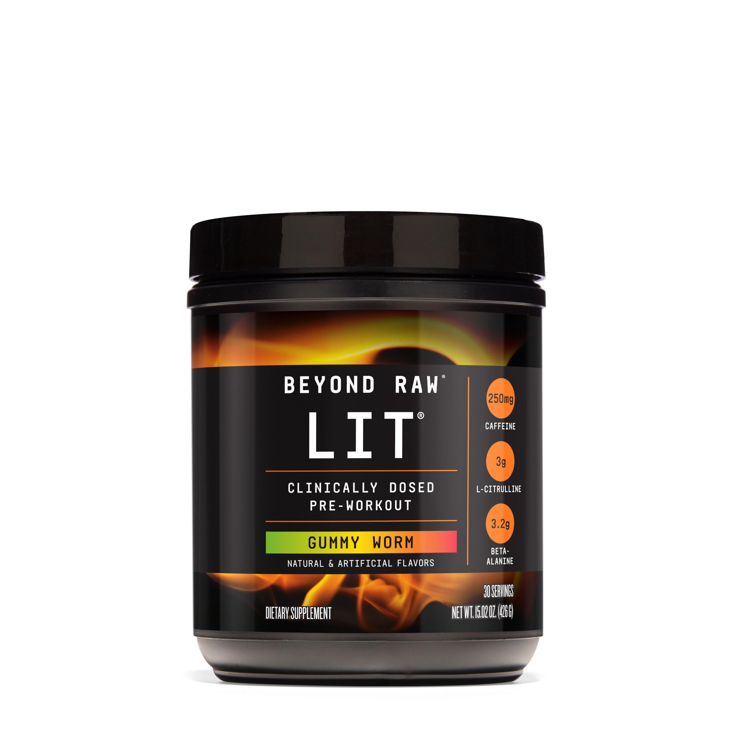 BEYOND RAW LIT PreWorkout Powder Supplement for Men and Women, Energy, Focus, Endurance, Pumps, Nitric Oxide Boost, 250mg Caffeine, Creatine, Beta Alanine, Gummy Worm, 30 Servings