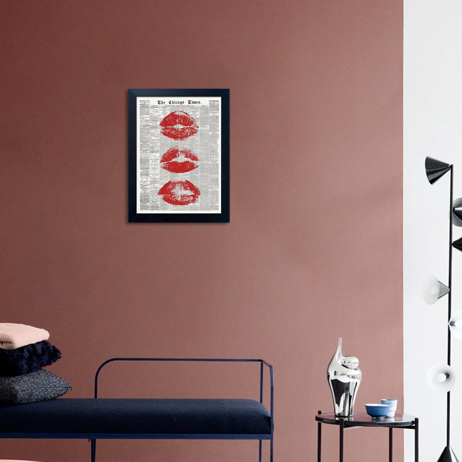 Framed Aesthetic Girls Dorm Room Decor Red Kss Lips Newspaper Wall Art Vintage Retro Canvas Print Poster Girly Wall Art Woman Bedroom Decor