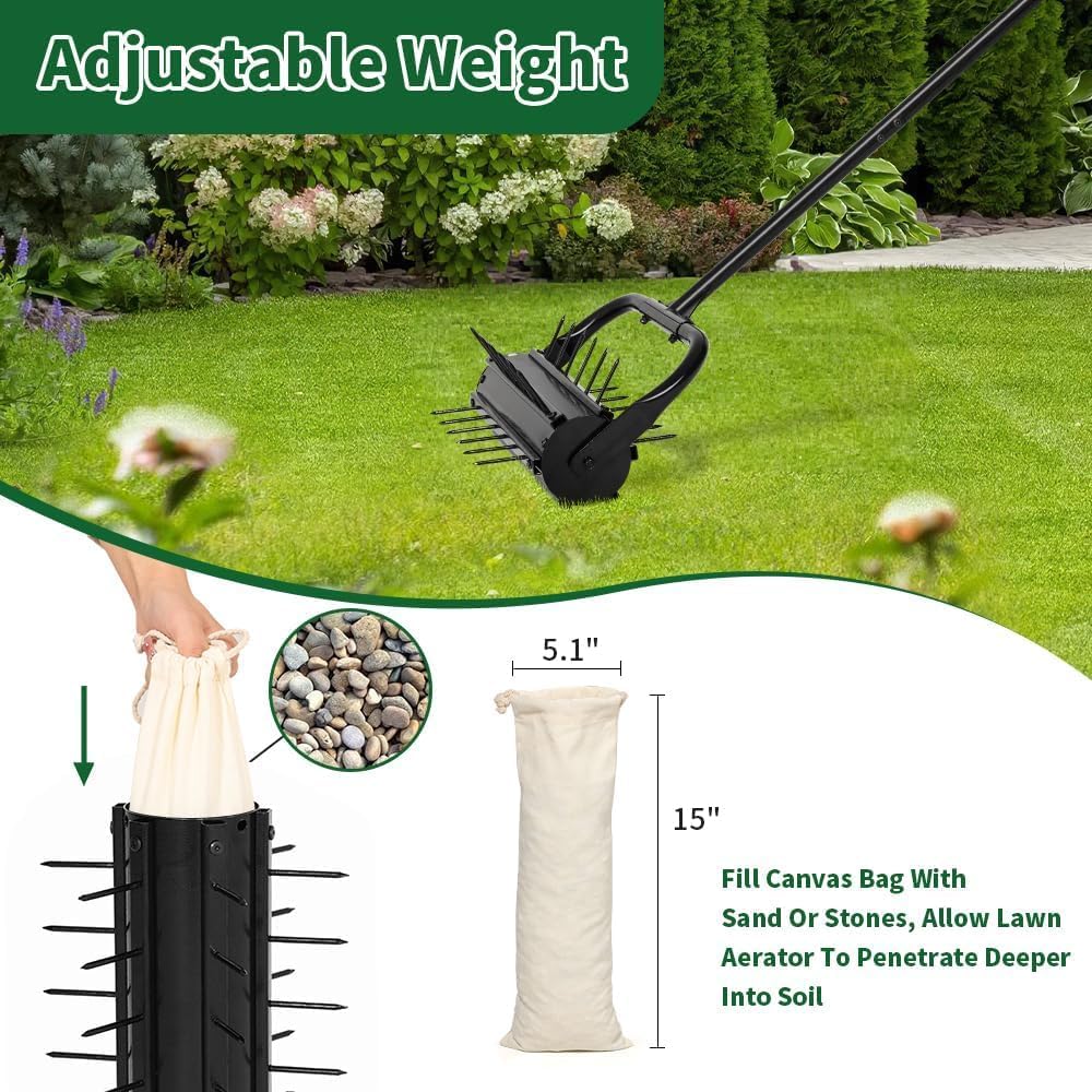 Lawn Aerator, 17'' Grass Rolling Aerators Tool Manual Aerator with Handle Aeration Tool Lawn Steel Nails Aerator Machine with Sandbag, Patio Soil Roller Air Aerator Tool for Yard