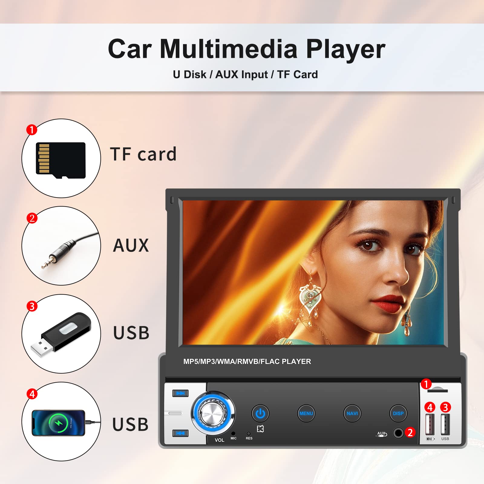 Android Single Din Car Stereo inDash GPS Navigation 7 Inch Flip Out