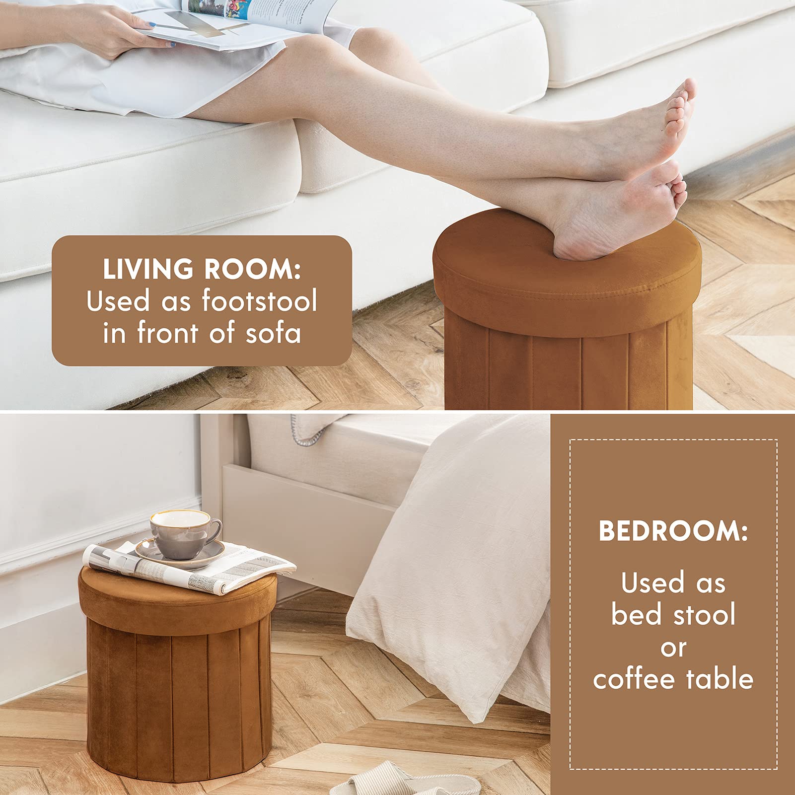 Otomana de almacenamiento redonda de 15 pulgadas, cajas de almacenamiento plegables de terciopelo, reposapiés, caja de juguetes otomana, asiento acolchado para dormitorio, sala de estar, 3