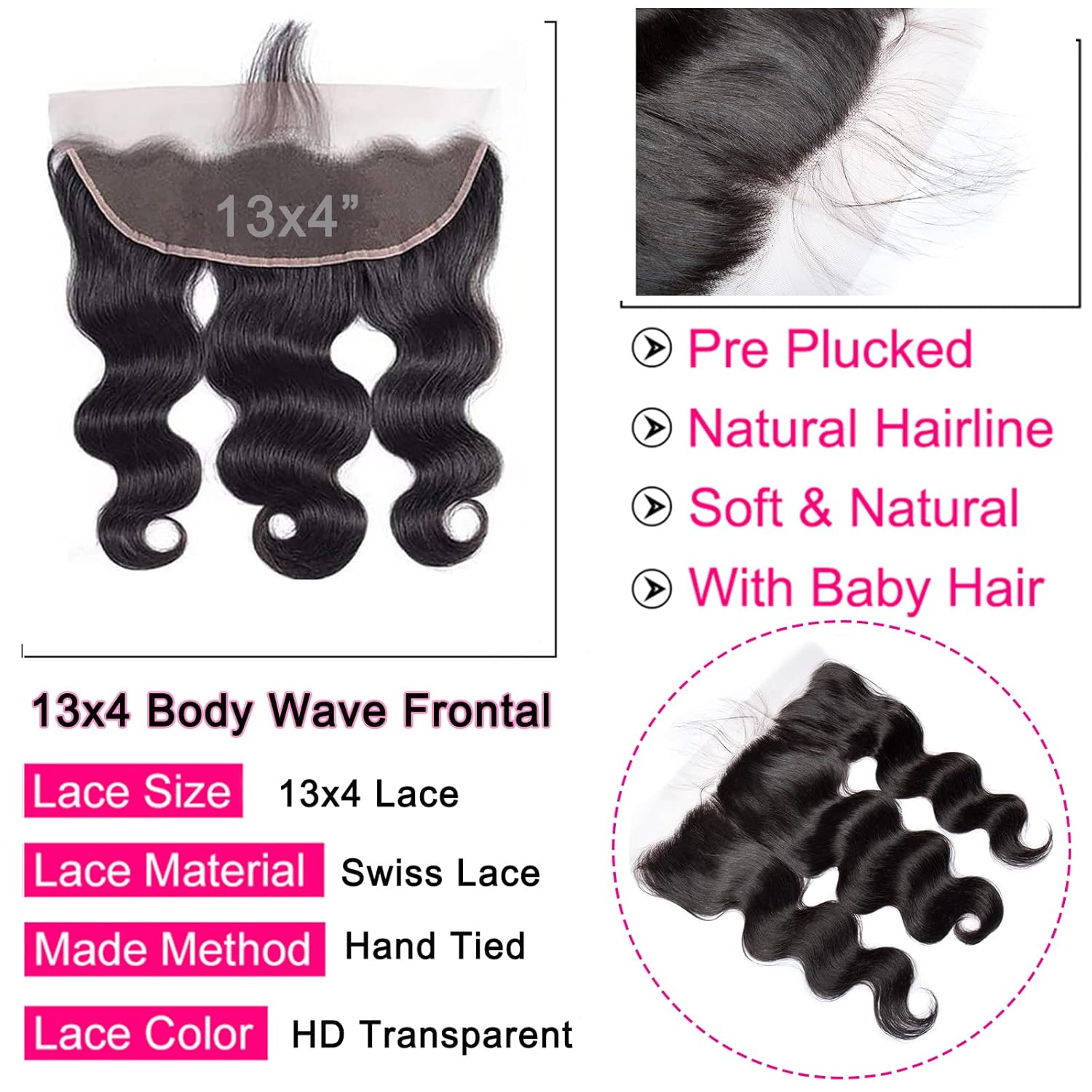 Lemoda 13x4 Frontal Body Wave HD Transparent Lace Frontals Brazilian Virgin Human Hair Lace Frontal Closure Natural Black 16 Inch