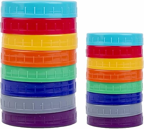Pizga Tapas de plástico para tarros de masón, boca regular y ancha, tapa de almacenamiento a prueba de fugas, reutilizable, juego multicolor de 16