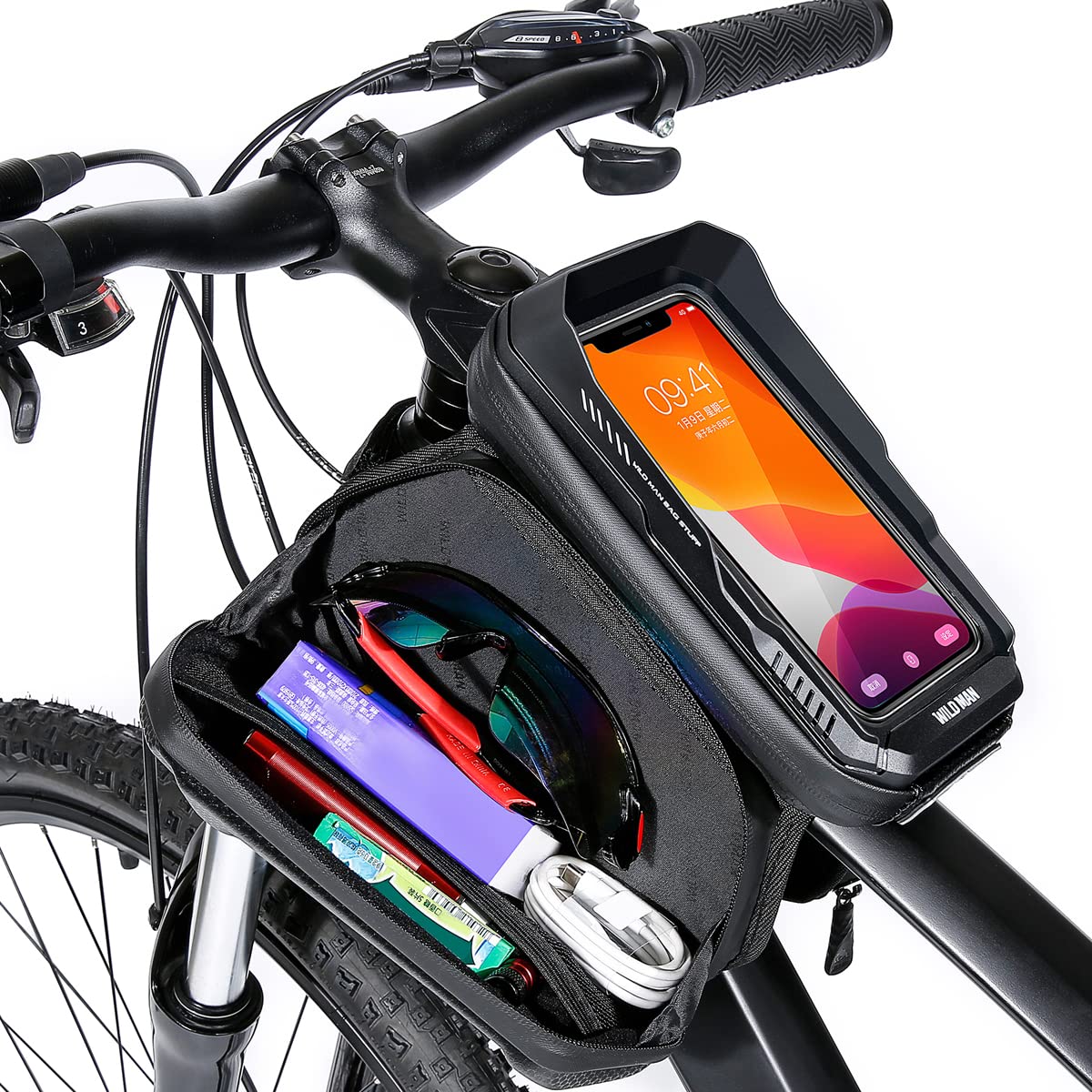 Borsa Da Telaio Bici Wildman 3 In 1: Impermeabile 4L Con Scomparto Per Smartphone, Nera - 3