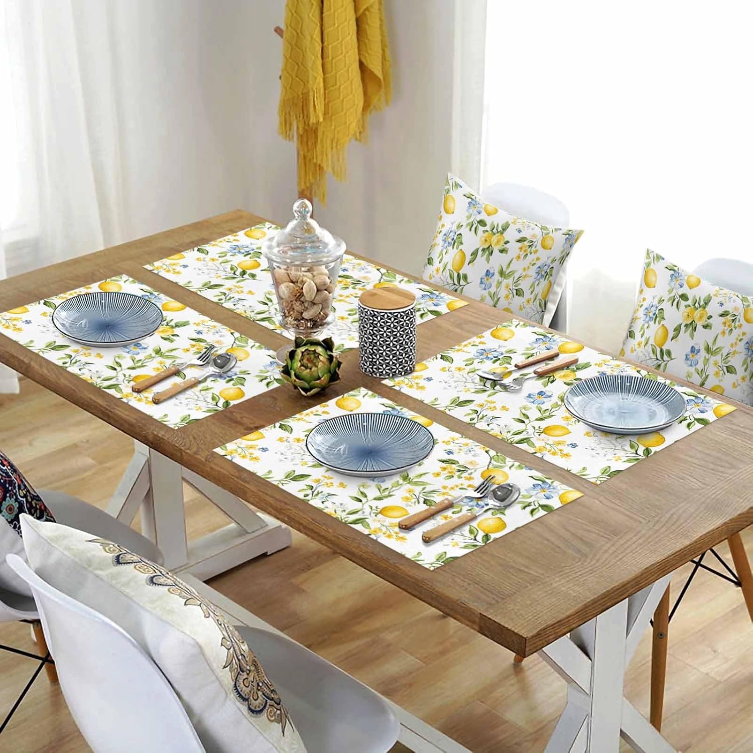 Lemon Tree Branch Placemats Set of 6 Yellow Blue Floral Fruit Eucalyptus Leaves 13x19 Inch Washable Non Slip Linen Table Mats, Rustic Summer Placemats for Dining Table Party Kitchen Decor