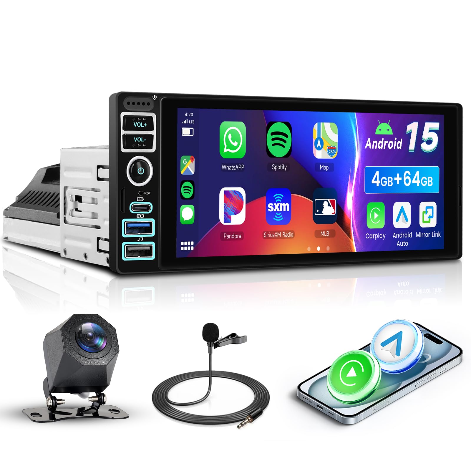 4G/64G VECHTEL 6,9" radio samochodowe Bluetooth Android 15 Carplay Android Auto, DSP, 2 USB/Type-C, EQ, WiFi GPS, Mirrorlink, radio RDS/FM 2 Din Con kamera cofania AHD/sterowanie na kierownicy